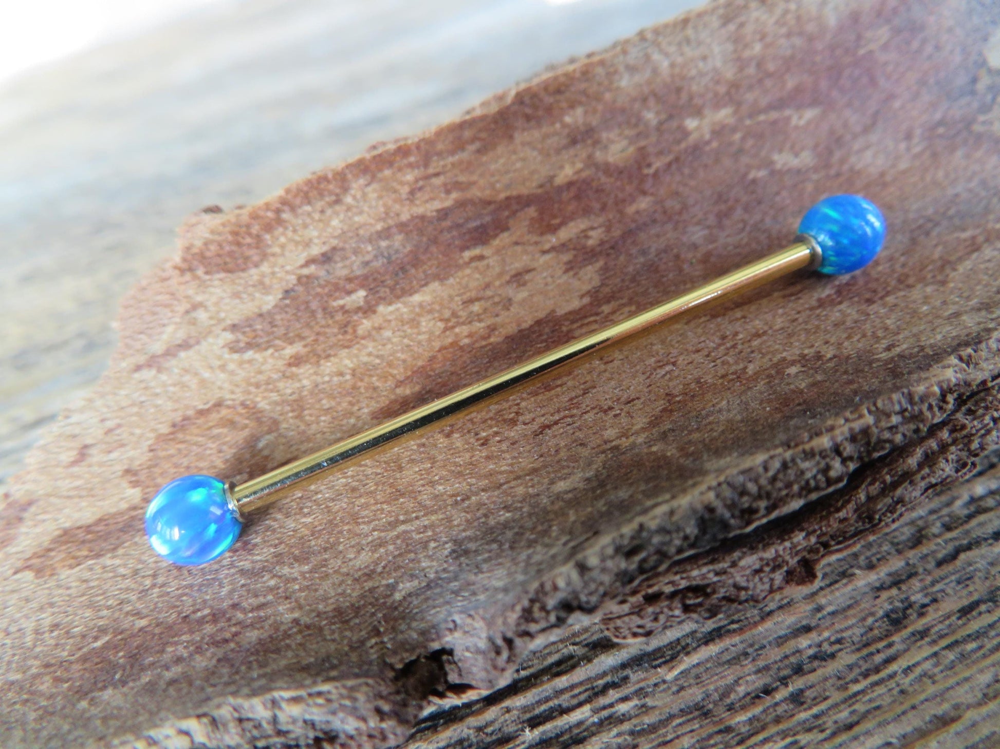 White Fire Opal Stone Gold Titanium Ion Plated Custom Bar Length Industrial Scaffold Piercing Barbell 14G (1.6mm) 14 Gauge Rainbow Flash