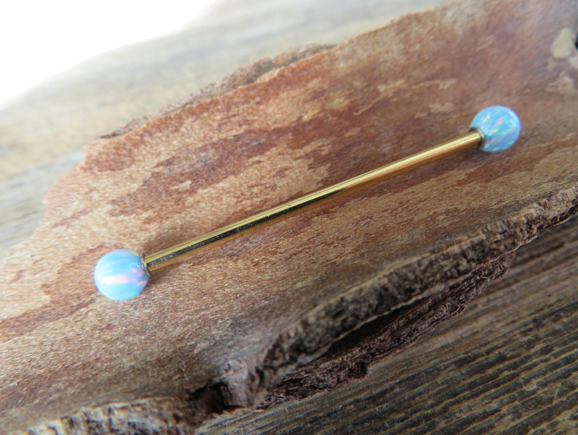 White Fire Opal Stone Gold Titanium Ion Plated Custom Bar Length Industrial Scaffold Piercing Barbell 14G (1.6mm) 14 Gauge Rainbow Flash