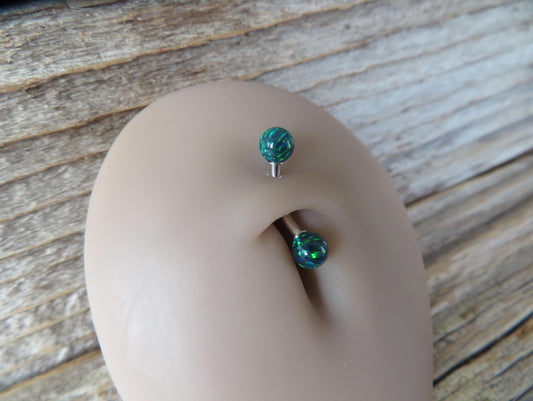 Navy-Blue Green Fire Opal Stone Surgical Steel or Solid Titanium Custom Length Floating Belly Ring VCH Piercing 14G (1.6mm) Curved Barbell