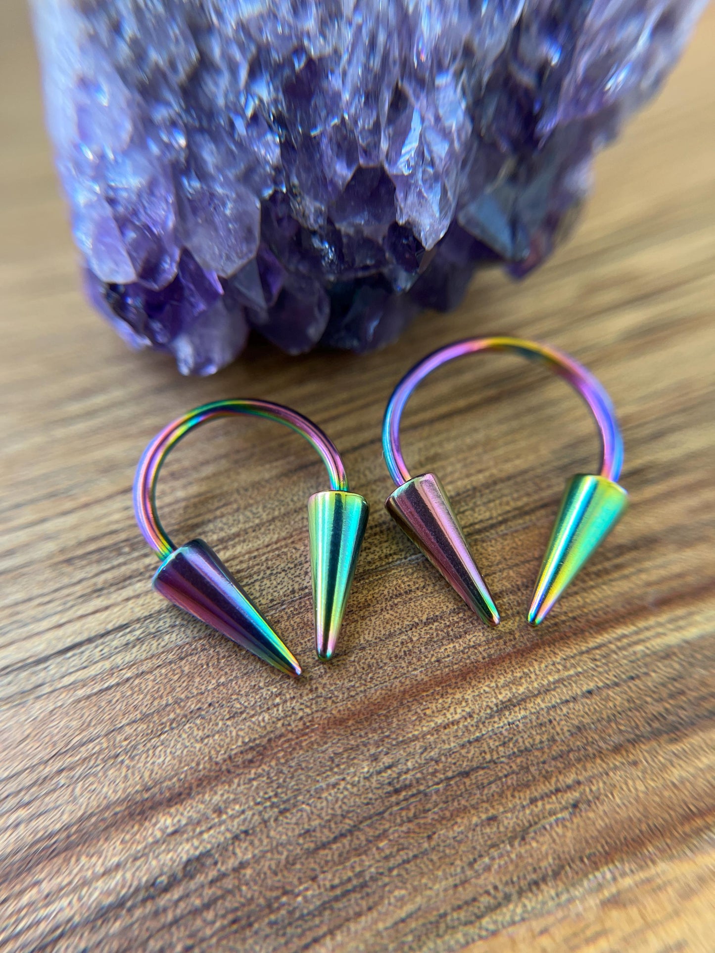Rainbow Titanium IP 16G (1.2mm) or 14G (1.6mm) Long Spikes Horseshoe Ring Septum Piercing Daith Helix Cartilage Nose Spike Surgical Steel