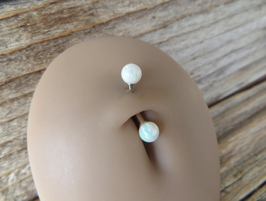 White Fire Opal Stone Surgical Steel or Solid Titanium Custom Length Floating Belly Ring Curve VCH Piercing 14G (1.6mm) Curved Barbell