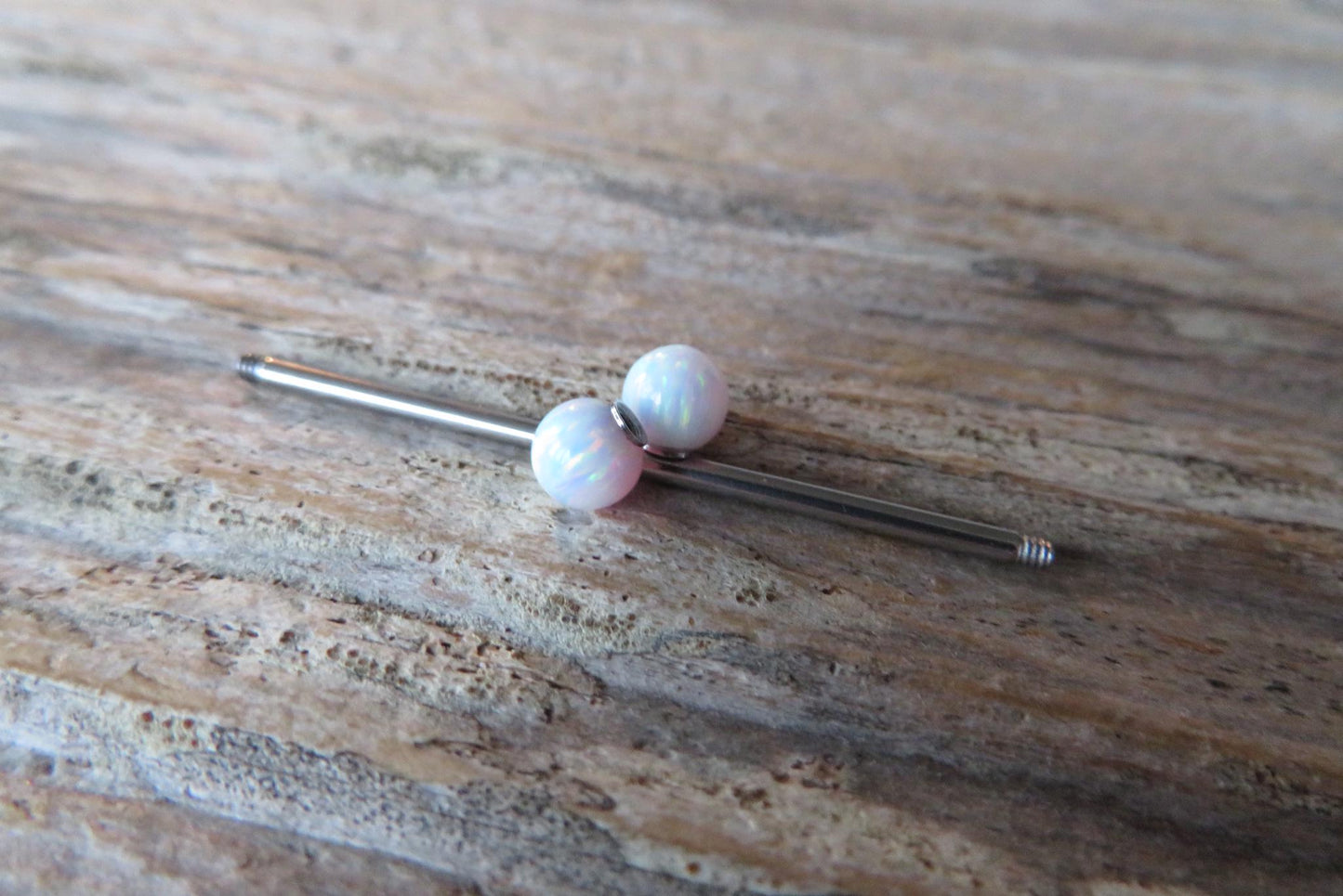 Ocean Blue Fire Opal Stone Surgical Steel or Solid Titanium Custom Length Industrial Scaffold Piercing 14G (1.6mm) Barbell Hypoallergenic