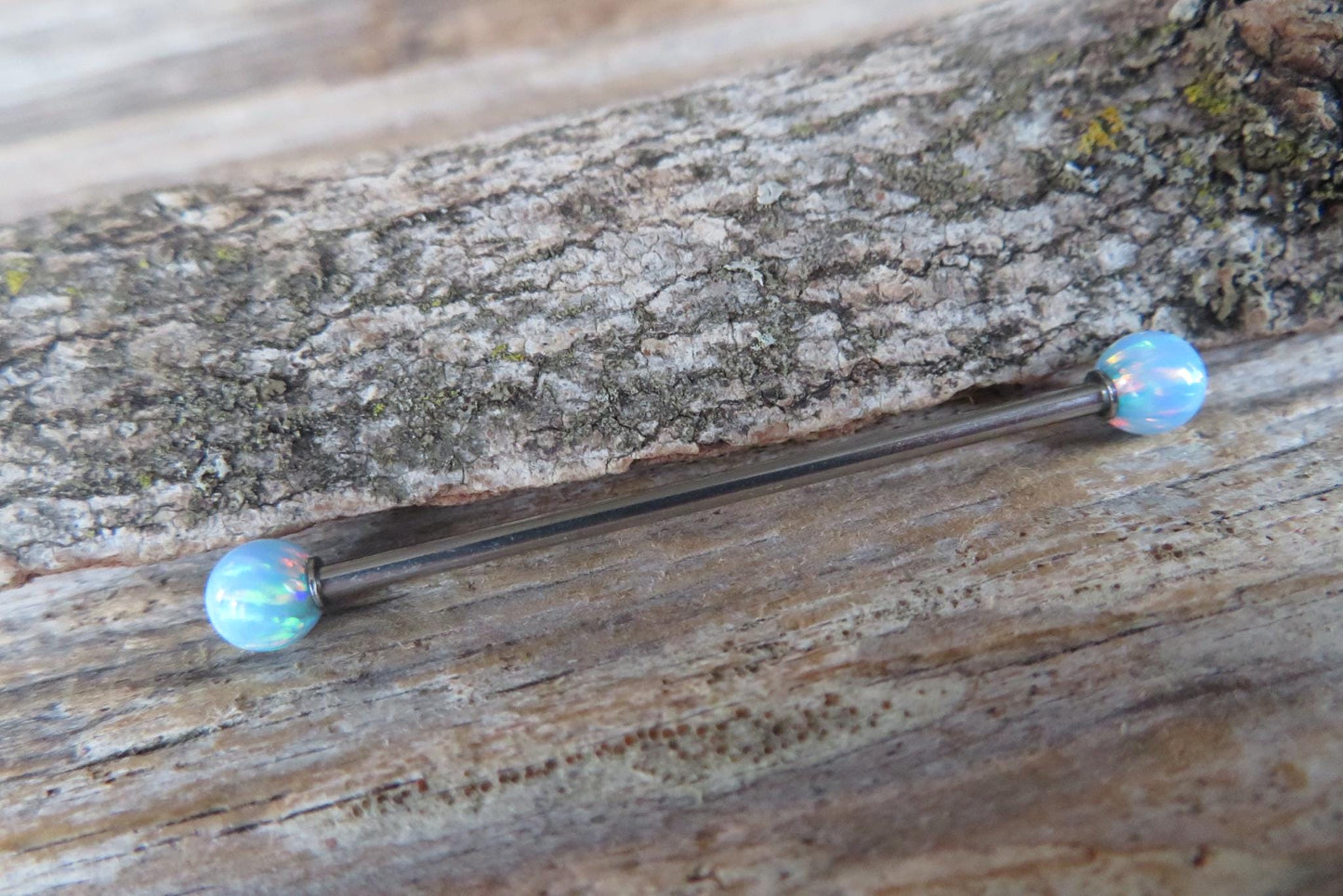 White Fire Opal Stone Surgical Steel or Solid Titanium Custom Length Industrial Scaffold Piercing Bar 14G (1.6mm) Barbell Hypoallergenic