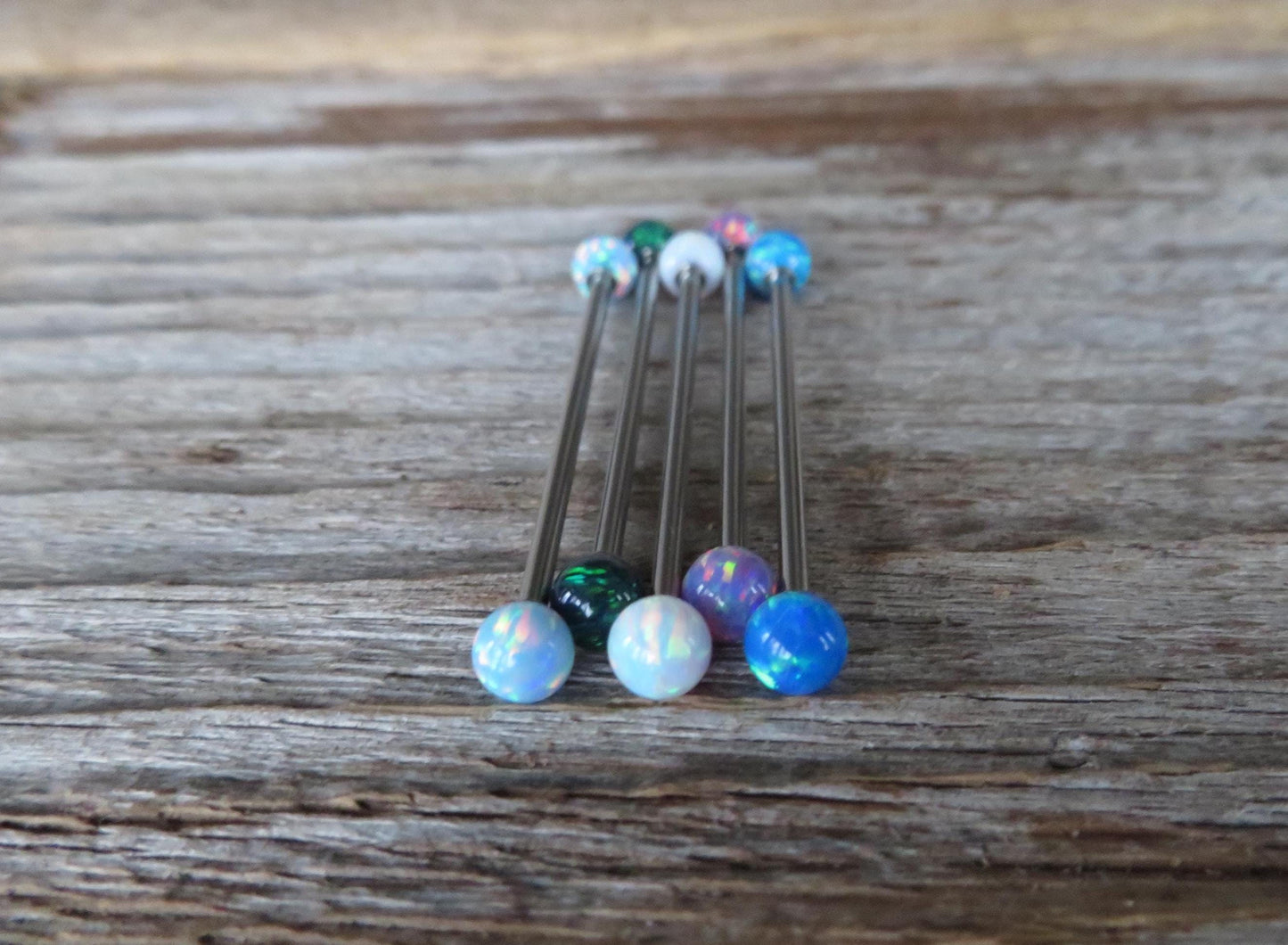 Navy-Blue Green Fire Opal Stone Surgical Steel or Solid Titanium Custom Length Industrial Scaffold Piercing Bar 14G (1.6mm) Barbell