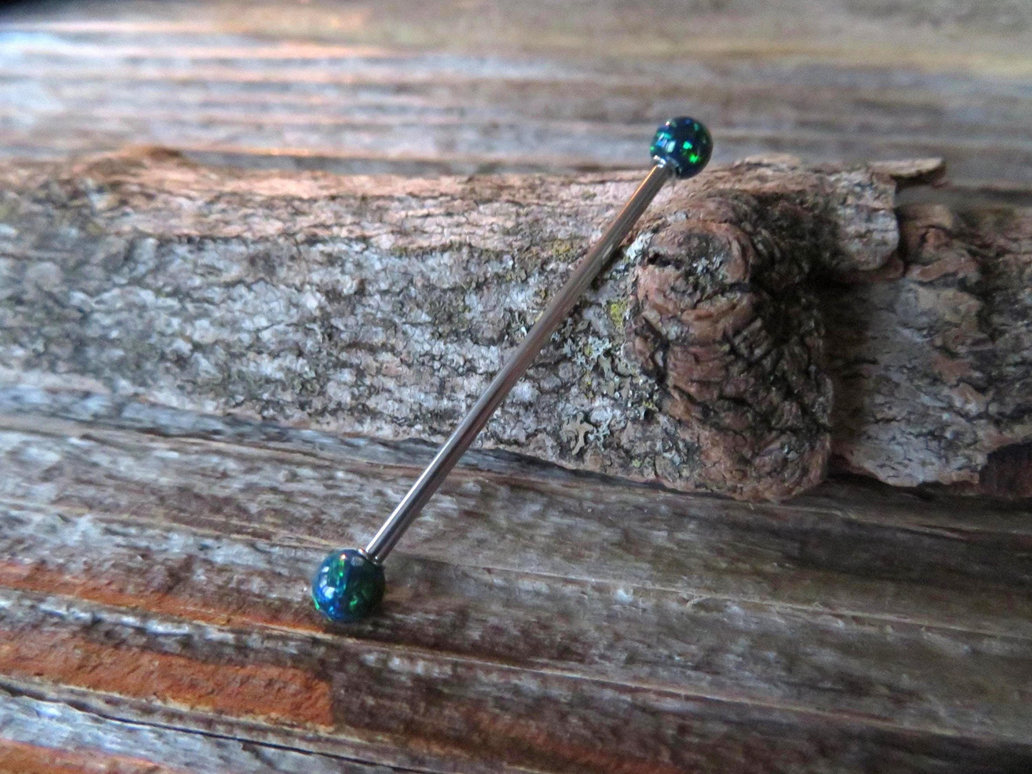 Navy-Blue Green Fire Opal Stone Surgical Steel or Solid Titanium Custom Length Industrial Scaffold Piercing Bar 14G (1.6mm) Barbell