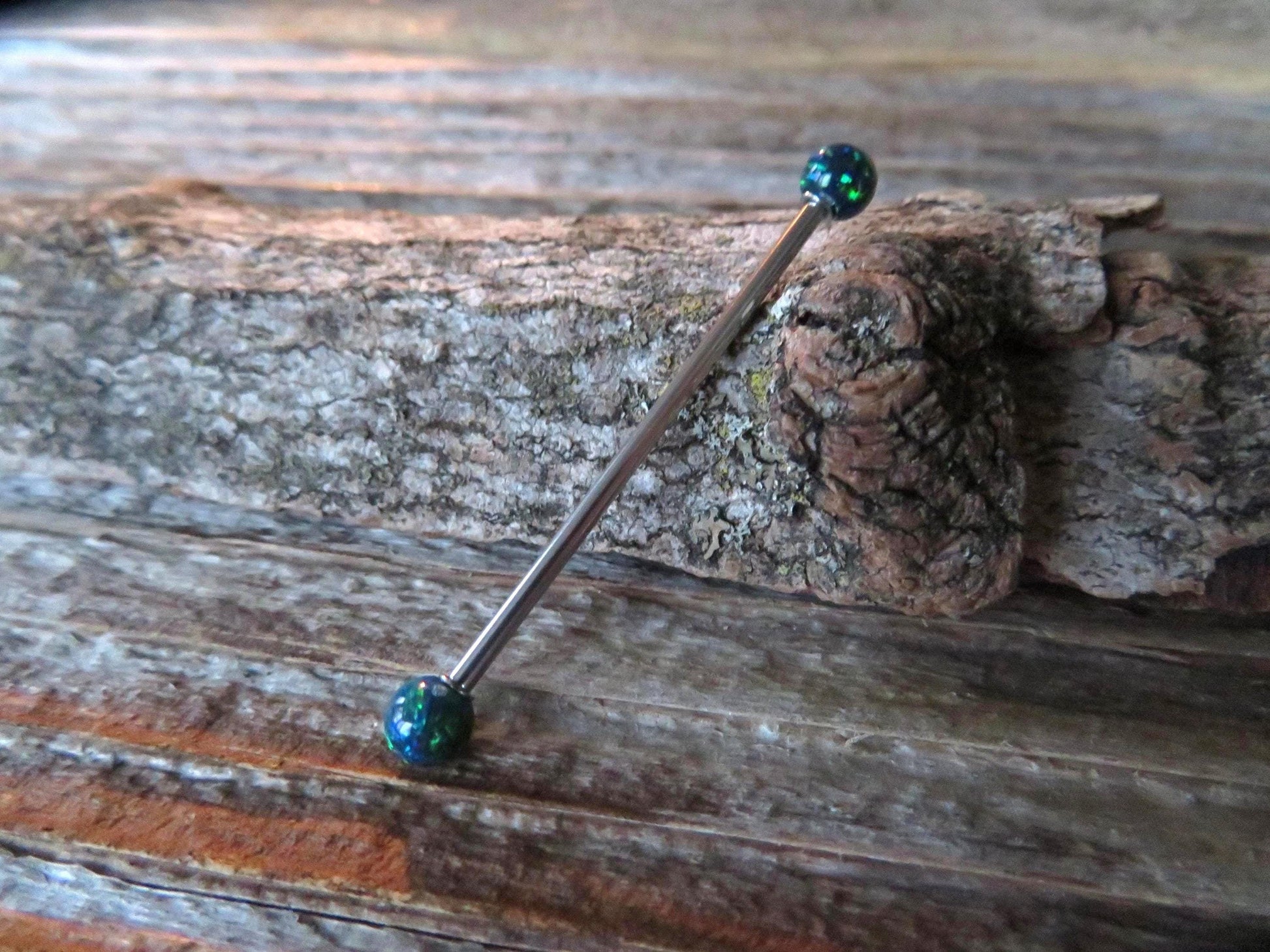 Navy-Blue Green Fire Opal Stone Surgical Steel or Solid Titanium Custom Length Industrial Scaffold Piercing Bar 14G (1.6mm) Barbell