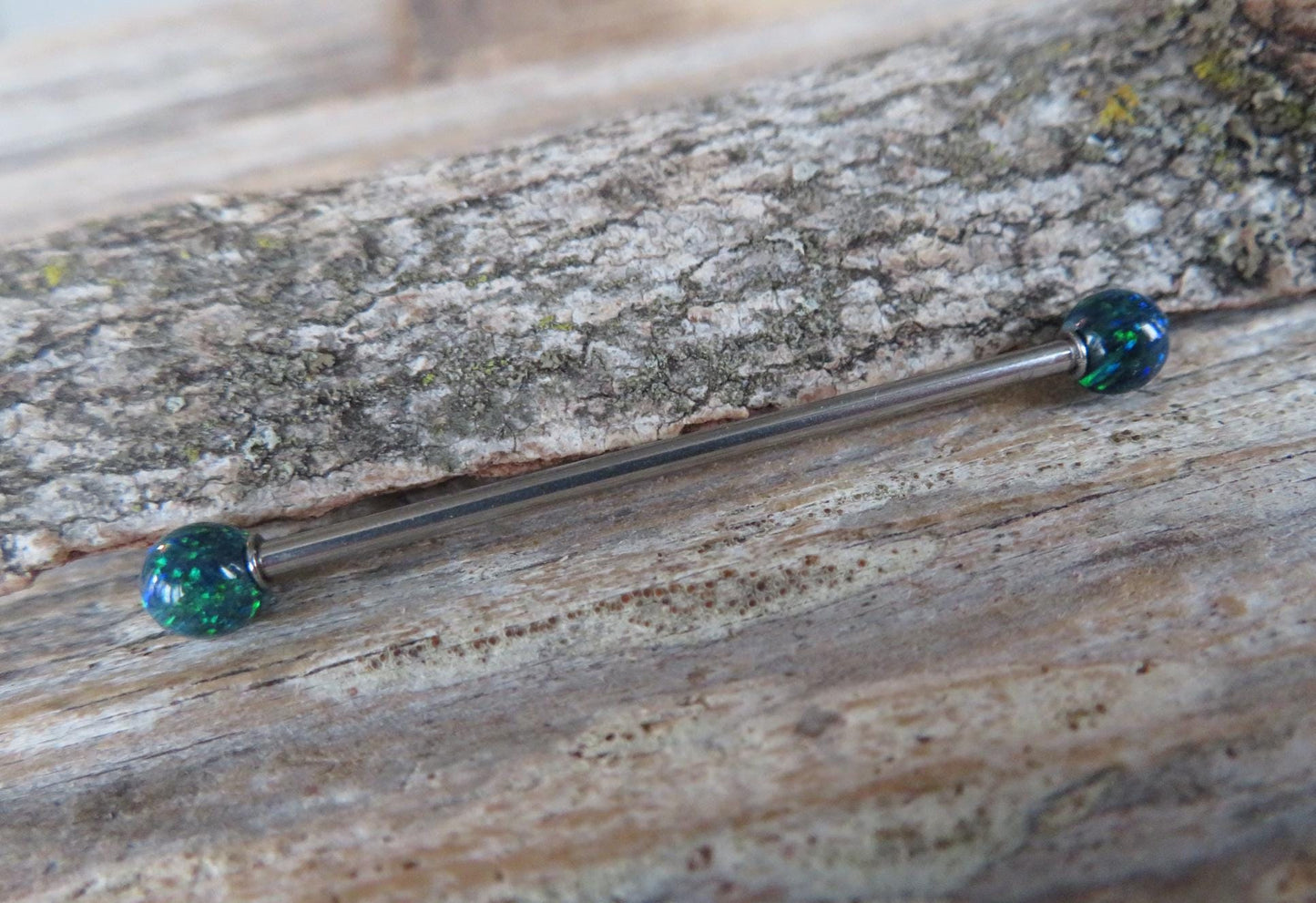 Navy-Blue Green Fire Opal Stone Surgical Steel or Solid Titanium Custom Length Industrial Scaffold Piercing Bar 14G (1.6mm) Barbell