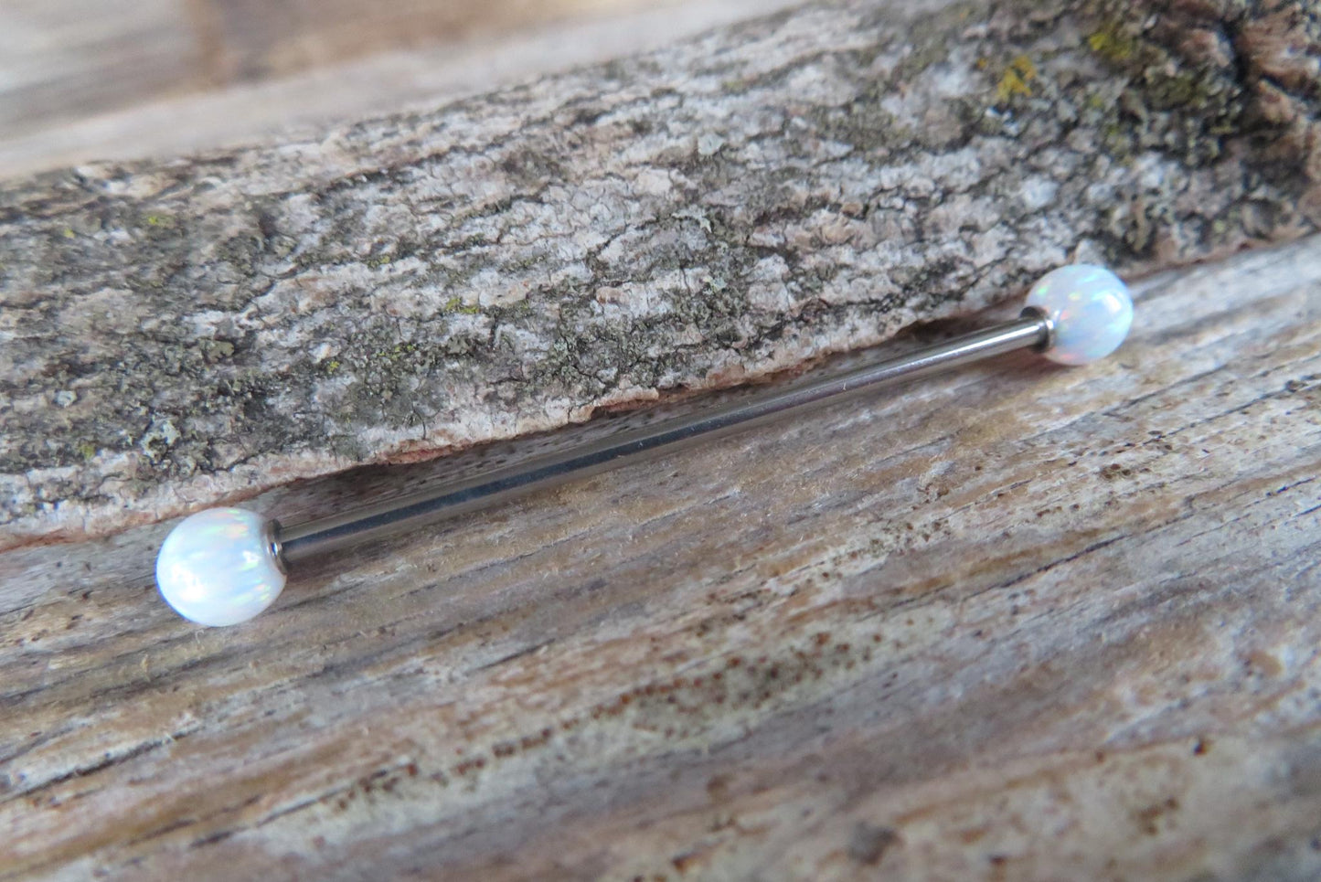 White Fire Opal Stone Surgical Steel or Solid Titanium Custom Length Industrial Scaffold Piercing Bar 14G (1.6mm) Barbell Hypoallergenic