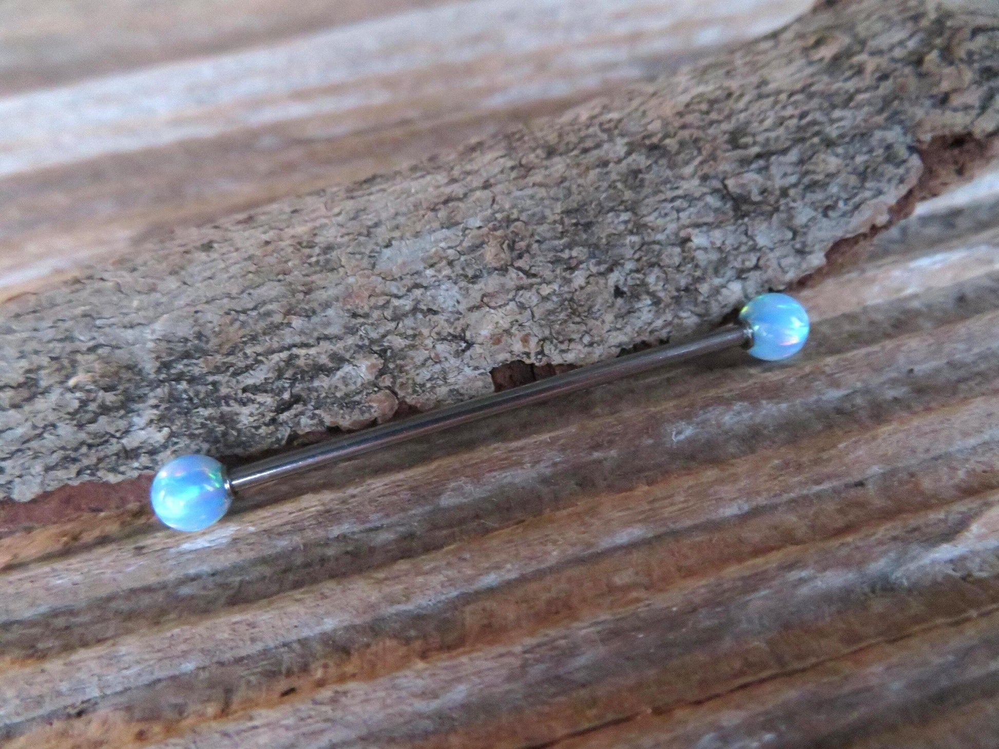 Ocean Blue Fire Opal Stone Surgical Steel or Solid Titanium Custom Length Industrial Scaffold Piercing 14G (1.6mm) Barbell Hypoallergenic