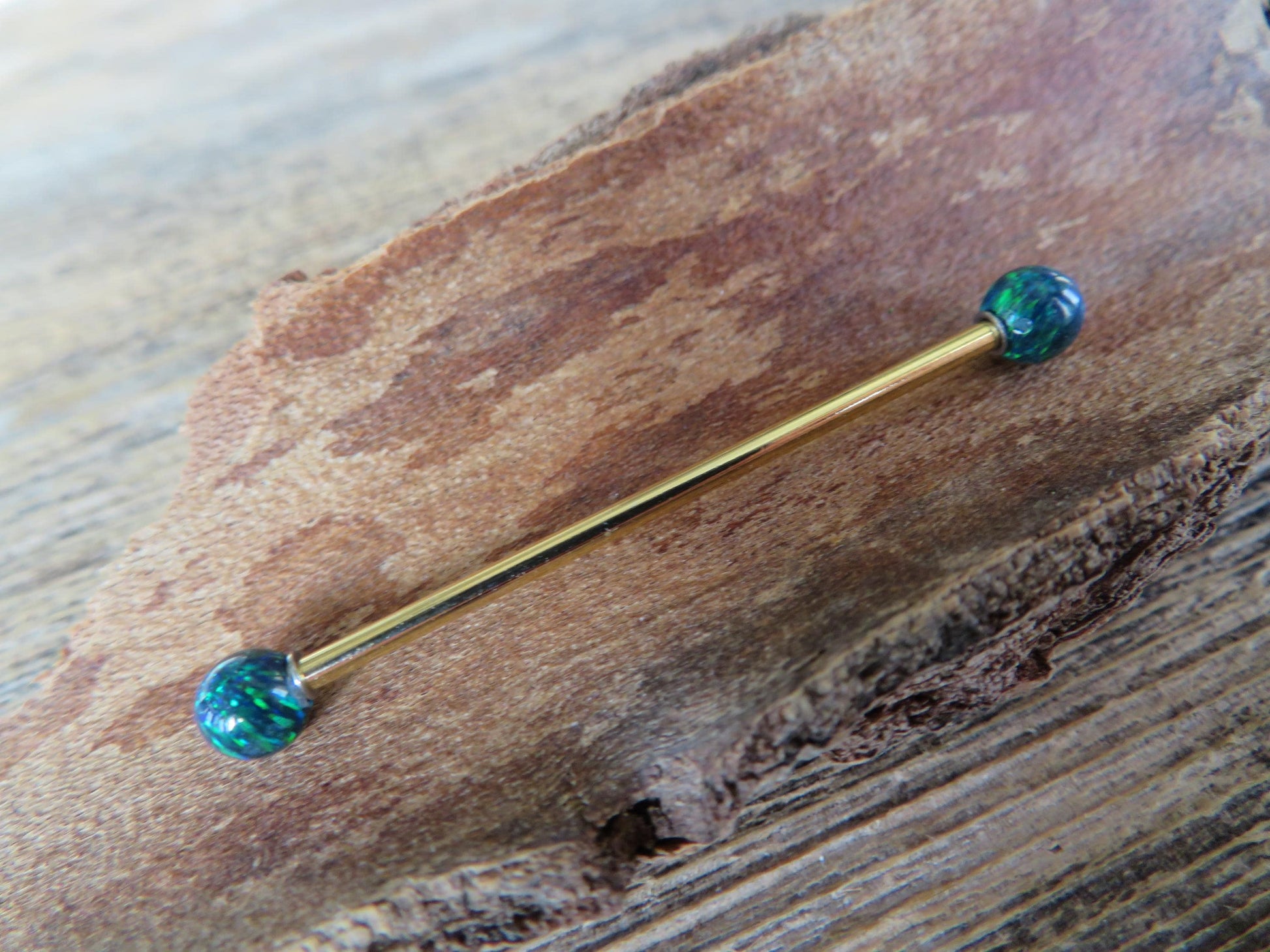 White Fire Opal Stone Gold Titanium Ion Plated Custom Bar Length Industrial Scaffold Piercing Barbell 14G (1.6mm) 14 Gauge Rainbow Flash