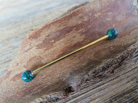 Navy-Blue Green Fire Opal Stone Gold Titanium Ion Plated Custom Bar Length Industrial Scaffold Piercing Barbell 14G (1.6mm) 14 Gauge