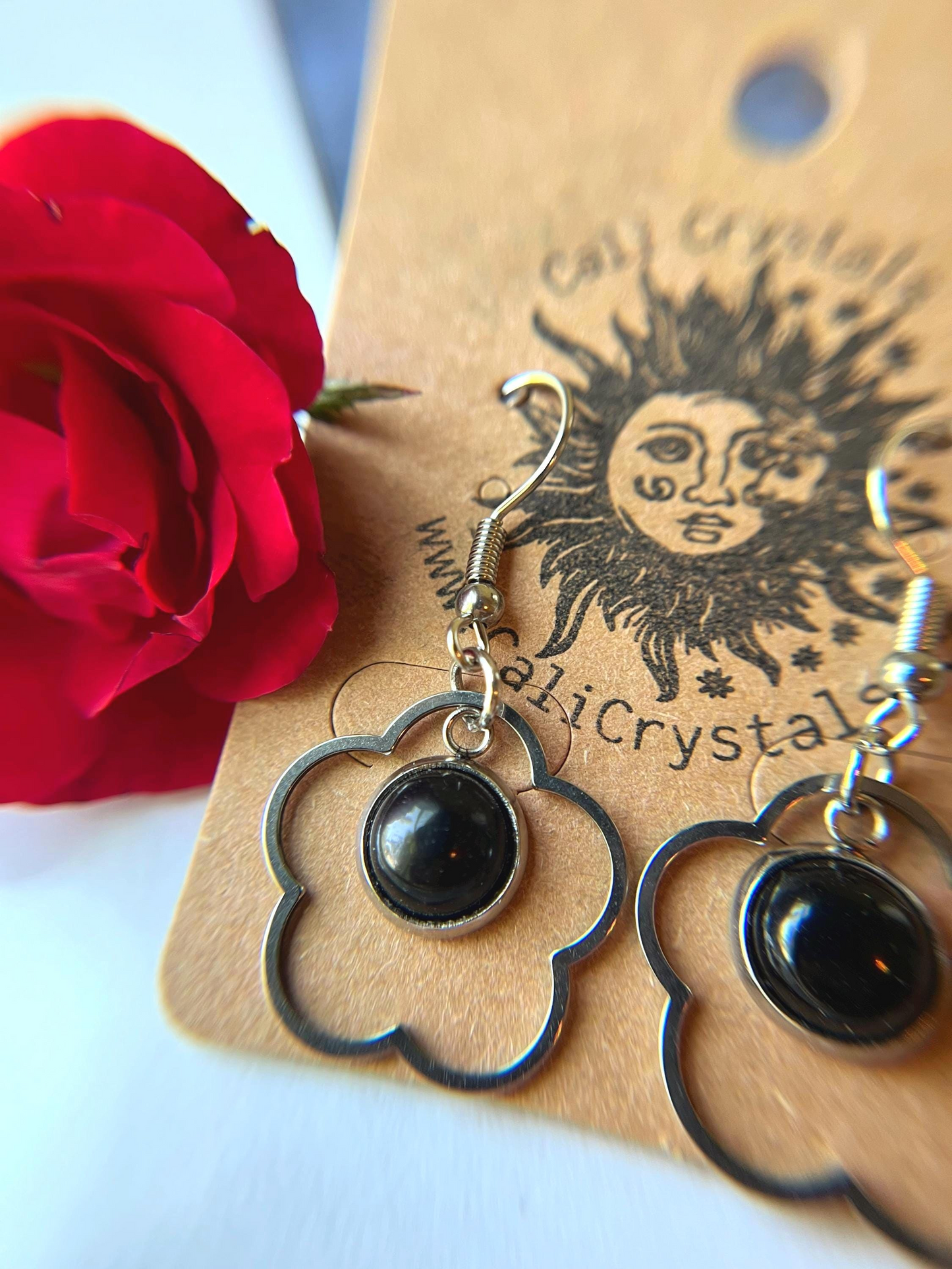Black Obsidian Natural Volcanic Glass 90's Vibes Flower Earrings