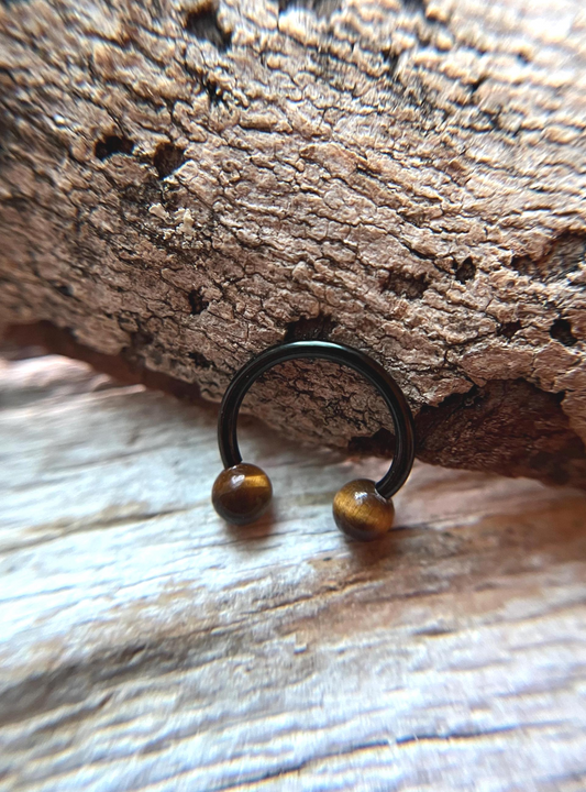 Yellow Tiger's Eye Natural Stone Black Titanium Ion Plated Horseshoe Ring