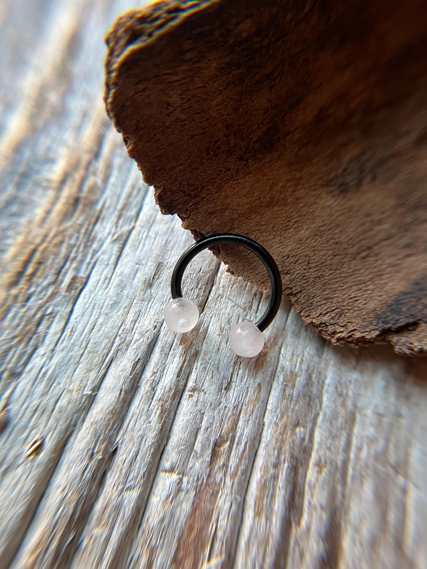 Rose Quartz Natural Stone Black Titanium Ion Plated Horseshoe Ring