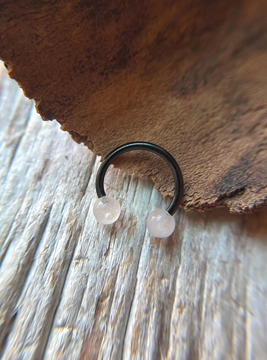 Rose Quartz Natural Stone Black Titanium Ion Plated Horseshoe Ring