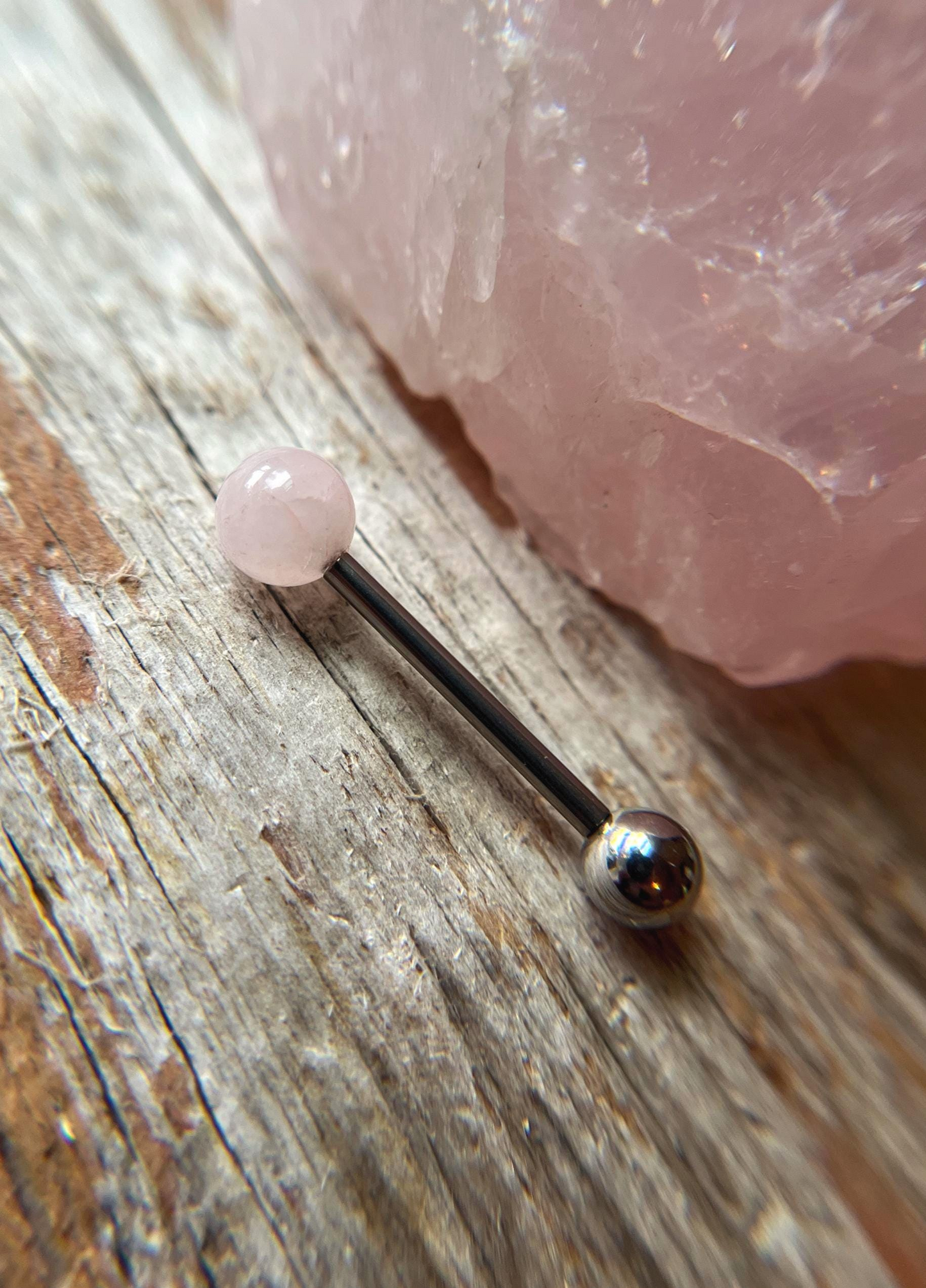 Rose Quartz Natural Stone Internally Threaded Titanium Tongue Piercing Barbell