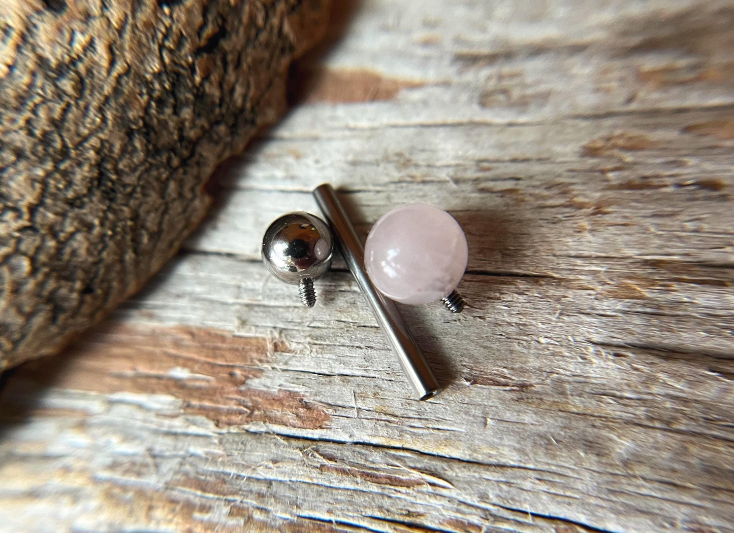 Rose Quartz Natural Stone Internally Threaded Titanium Tongue Piercing Barbell