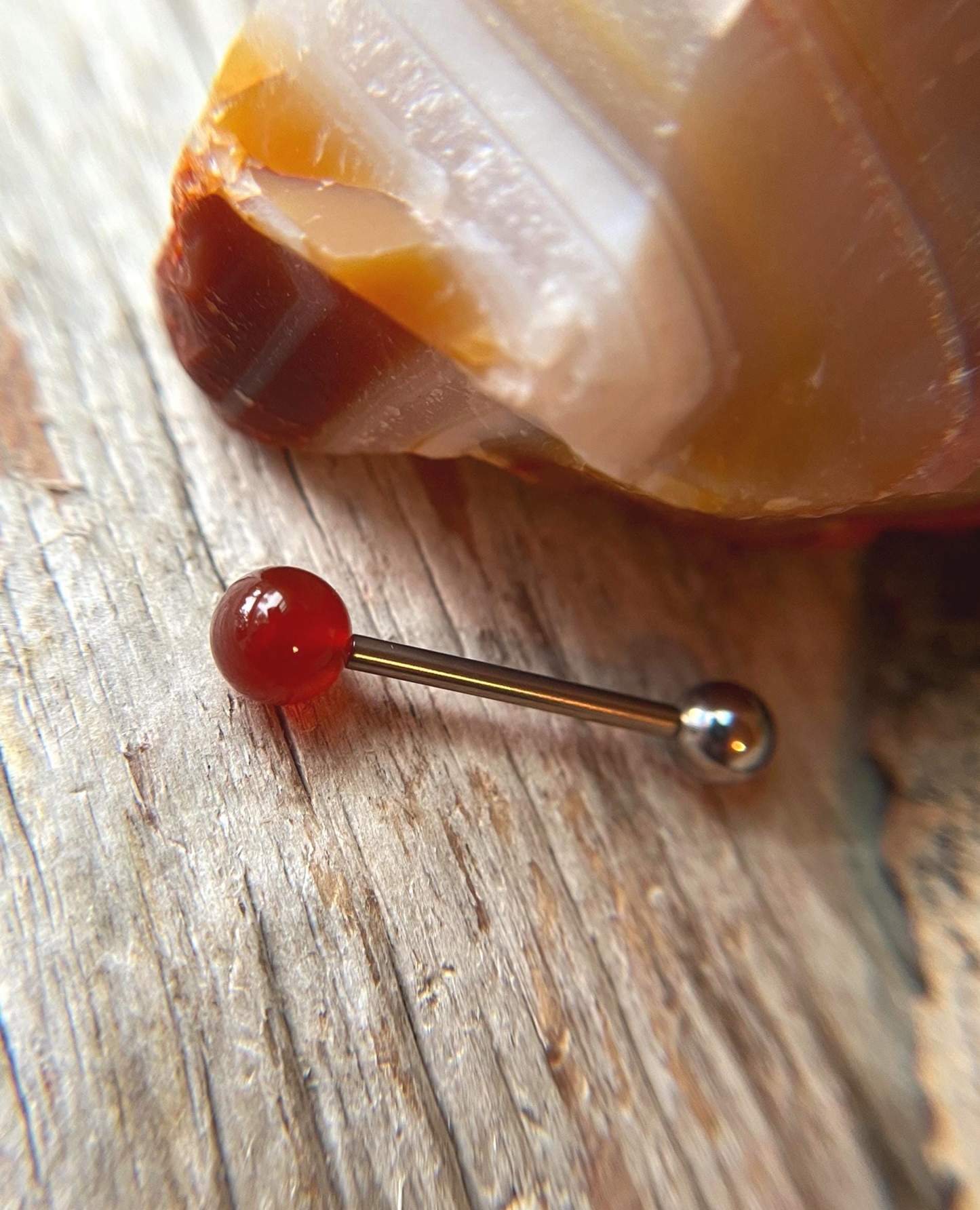 Carnelian Natural Stone Internally Threaded Titanium Tongue Piercing Barbell