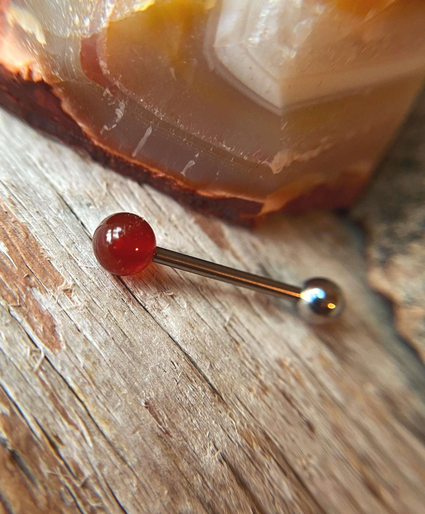 Carnelian Natural Stone Internally Threaded Titanium Tongue Piercing Barbell