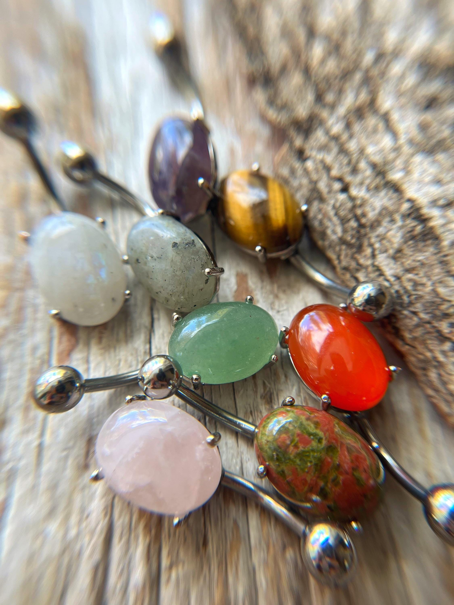 Pick Your Natural Stone Pronged Oval Belly Ring 316L Surgical Steel