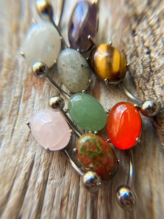 Pick Your Natural Stone Pronged Oval Belly Ring 316L Surgical Steel