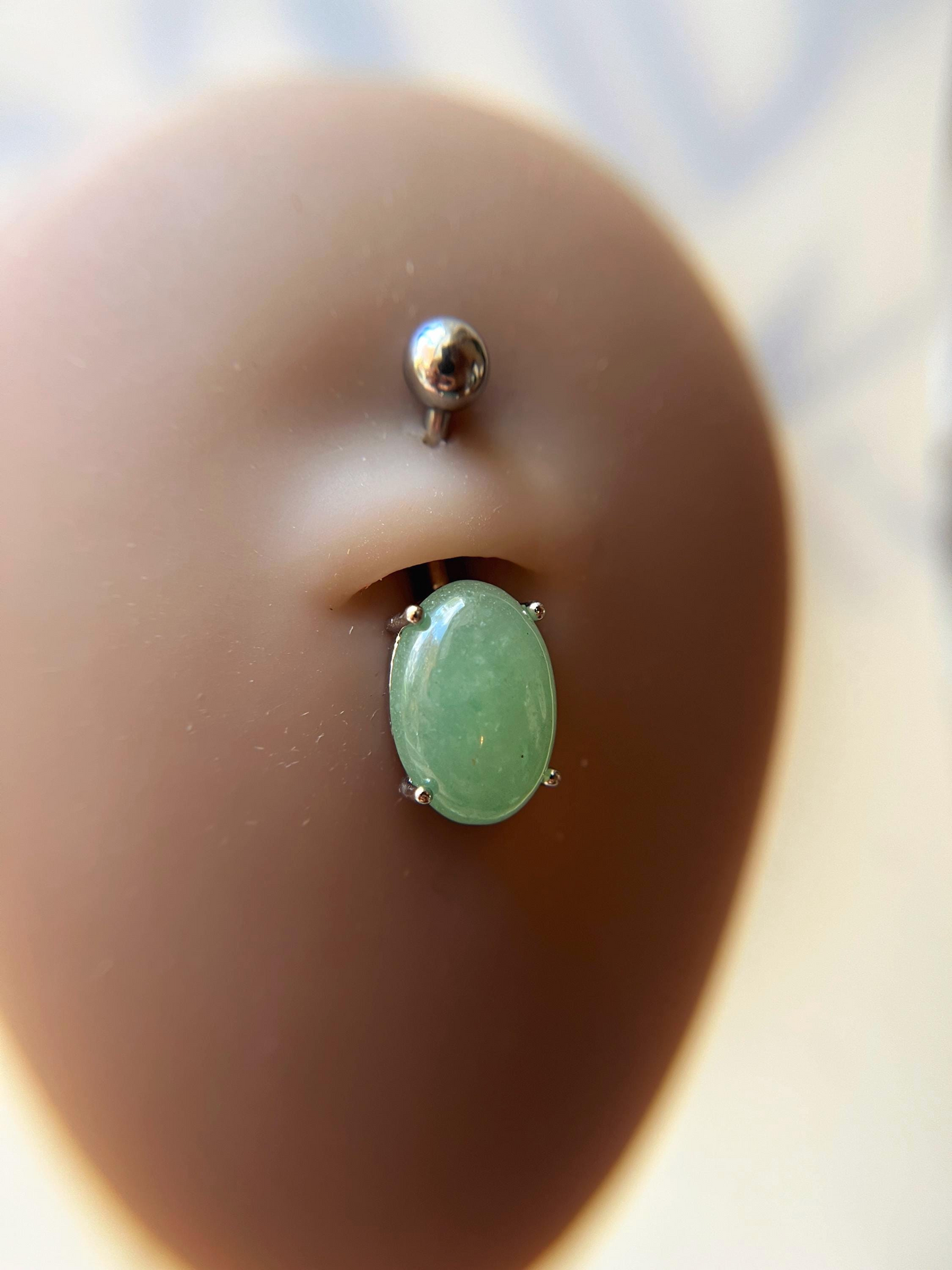 Green Aventurine Natural Stone Pronged Oval Belly Ring 316L Surgical Steel