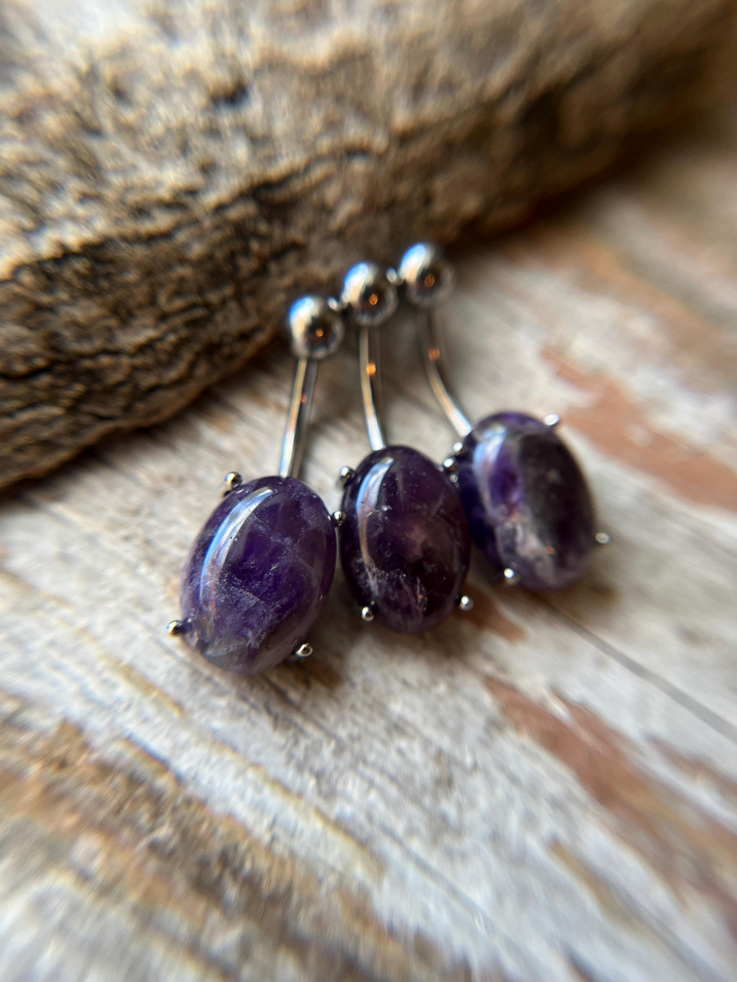 Amethyst Natural Stone Pronged Oval Belly Ring 316L Surgical Steel