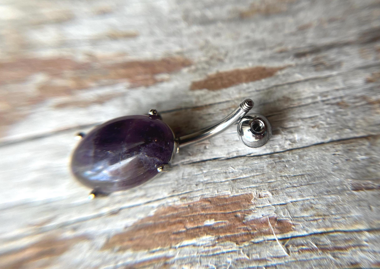 Amethyst Natural Stone Pronged Oval Belly Ring 316L Surgical Steel