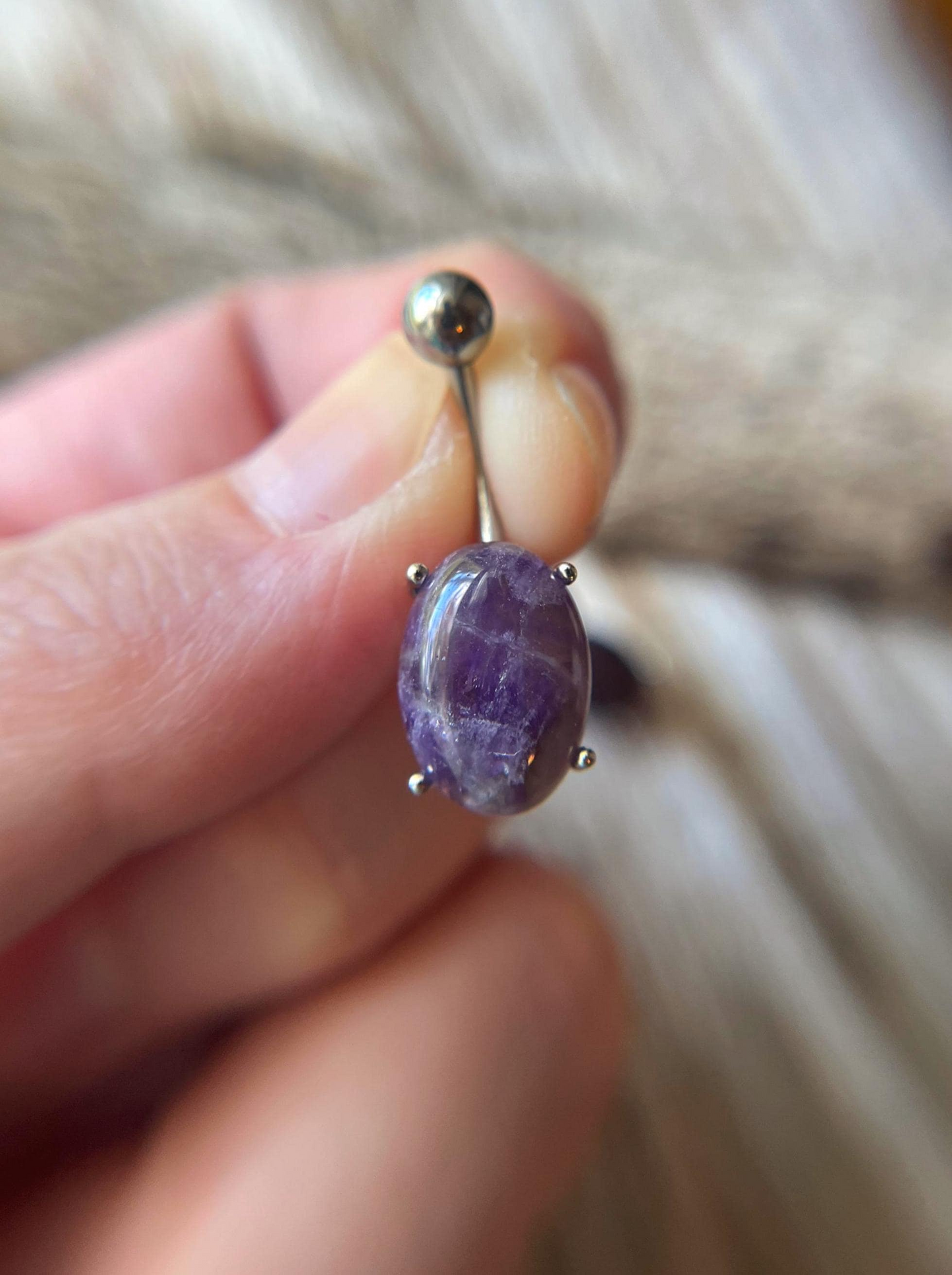 Amethyst Natural Stone Pronged Oval Belly Ring 316L Surgical Steel