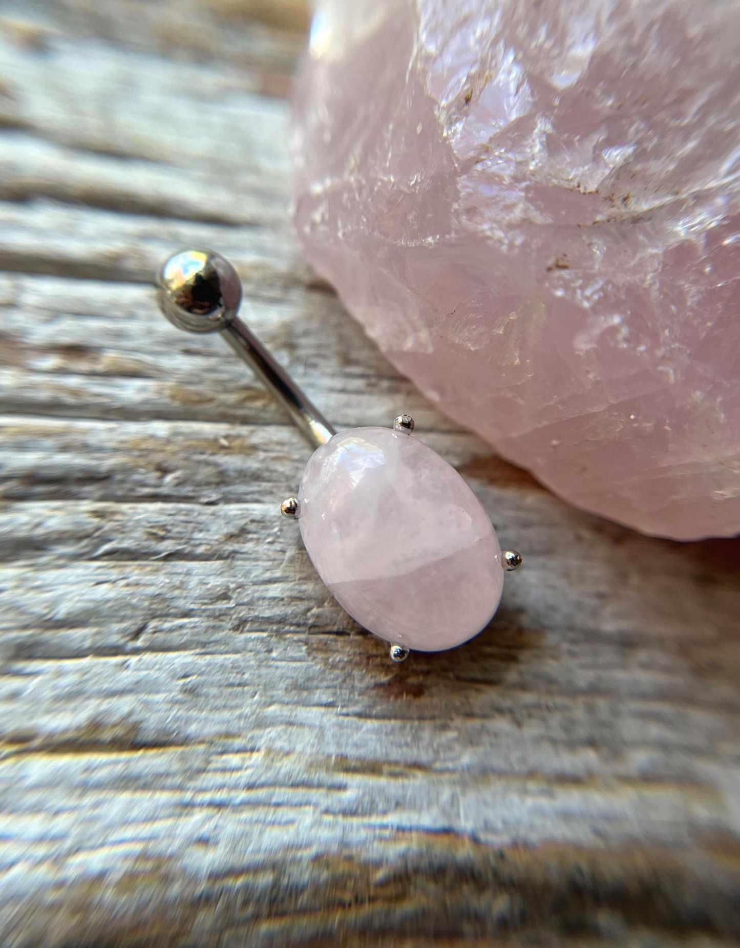 Rose Quartz Natural Stone Pronged Oval Belly Ring 316L Surgical Steel