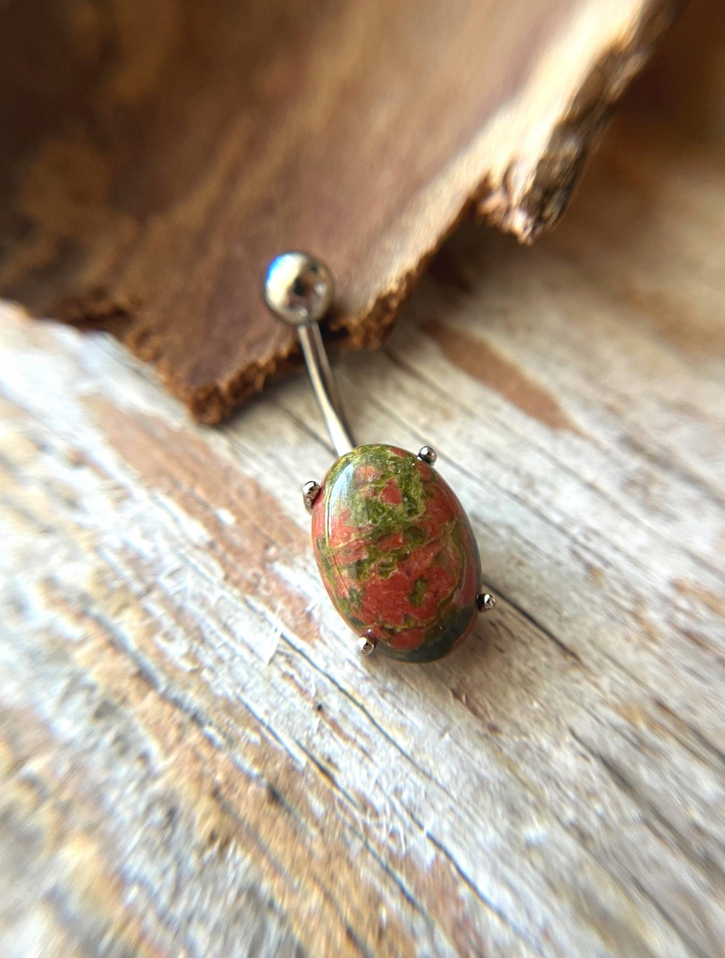 Unakite Natural Stone Pronged Oval Belly Ring 316L Surgical Steel