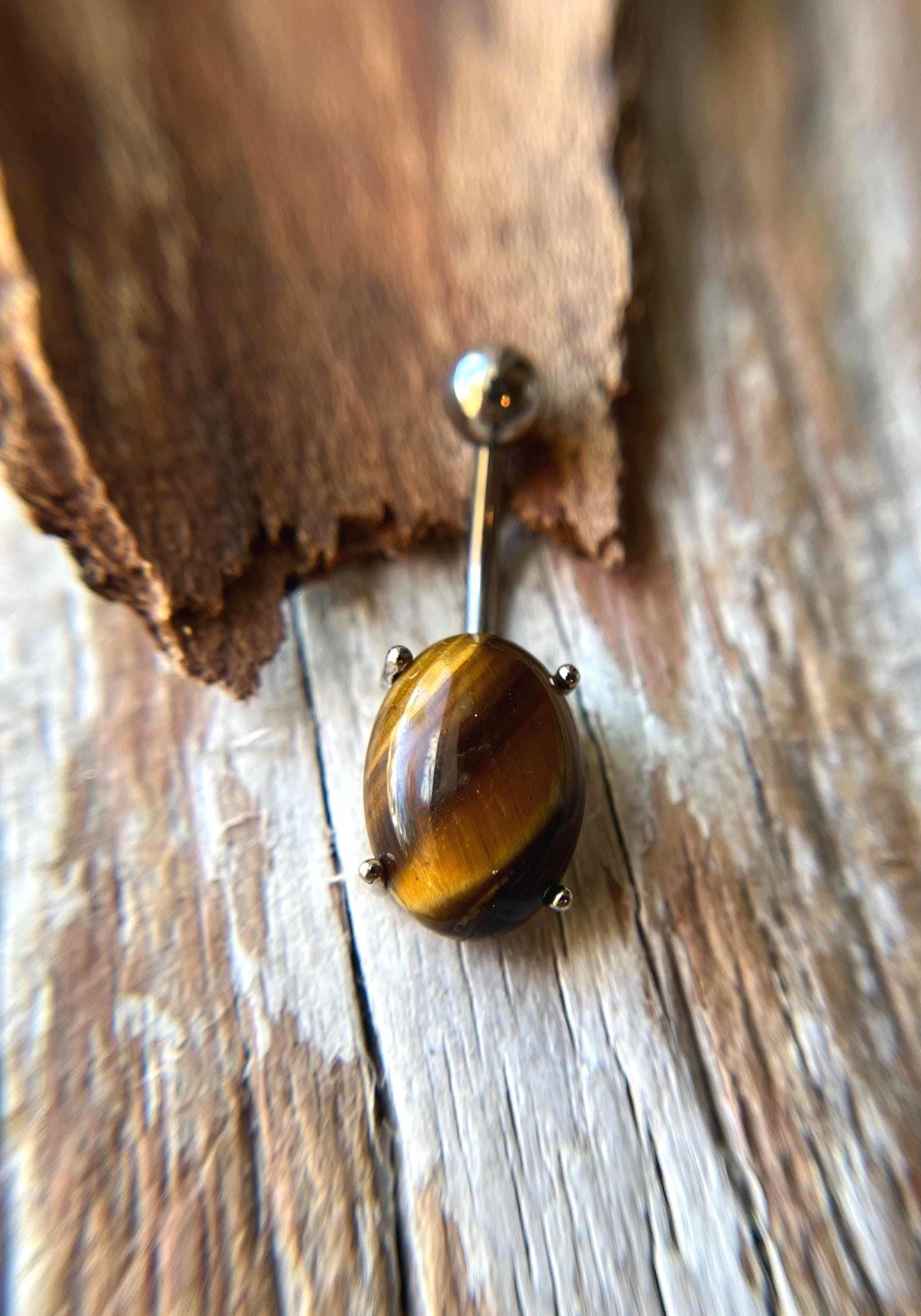 Yellow Tiger's Eye Natural Stone Pronged Oval Belly Ring 316L Surgical Steel