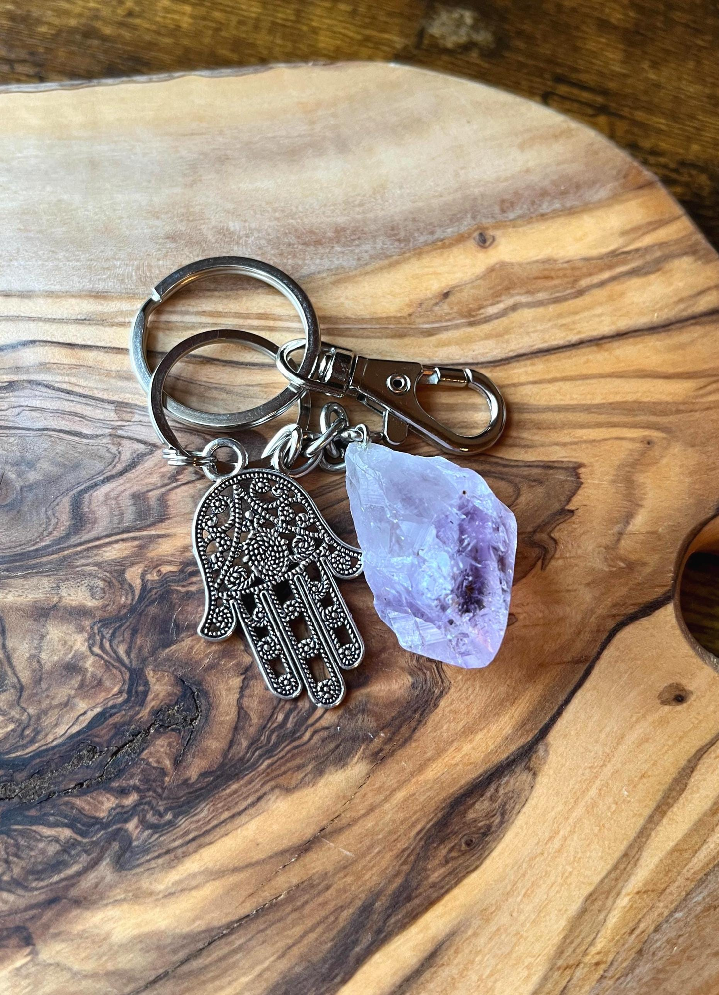 Raw Crystal Natural Amethyst Stone Specimen Stainless Steel Keychain {Hamsa Hand}