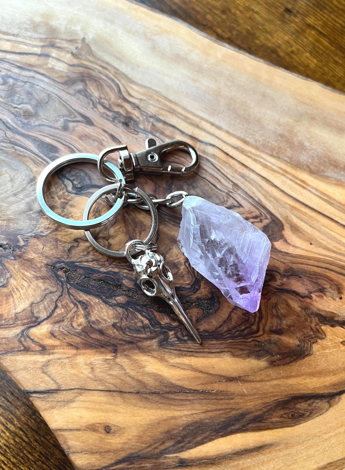Raw Crystal Natural Amethyst Stone Specimen Stainless Steel Keychain {Raven Skull}