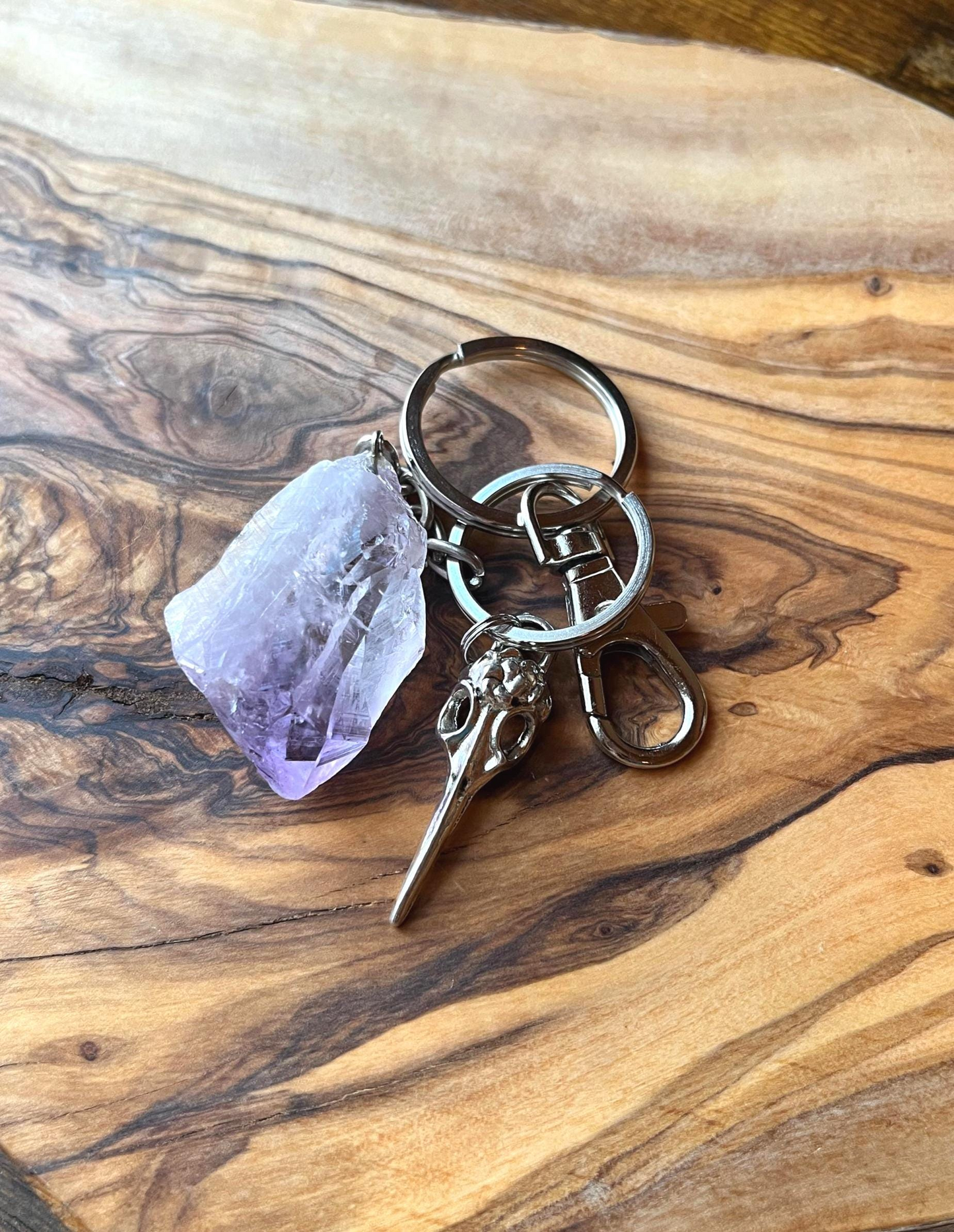 Raw Crystal Natural Amethyst Stone Specimen Stainless Steel Keychain {Raven Skull}