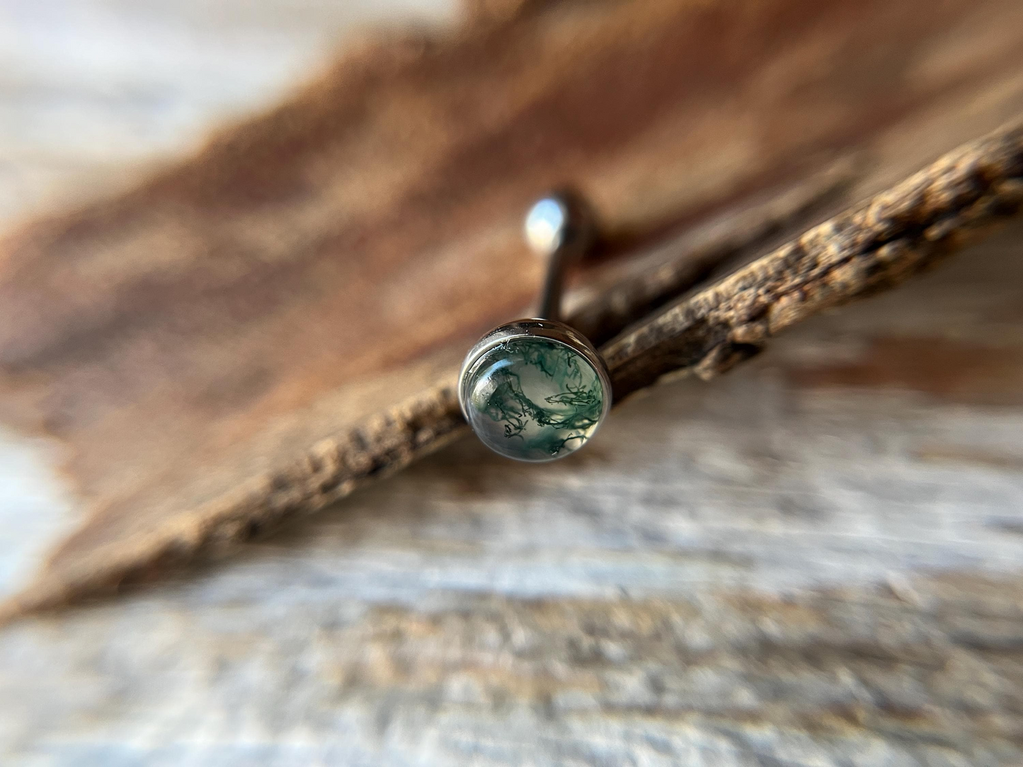 A+ Grade Moss Agate Natural Stone Tongue Piercing Barbell