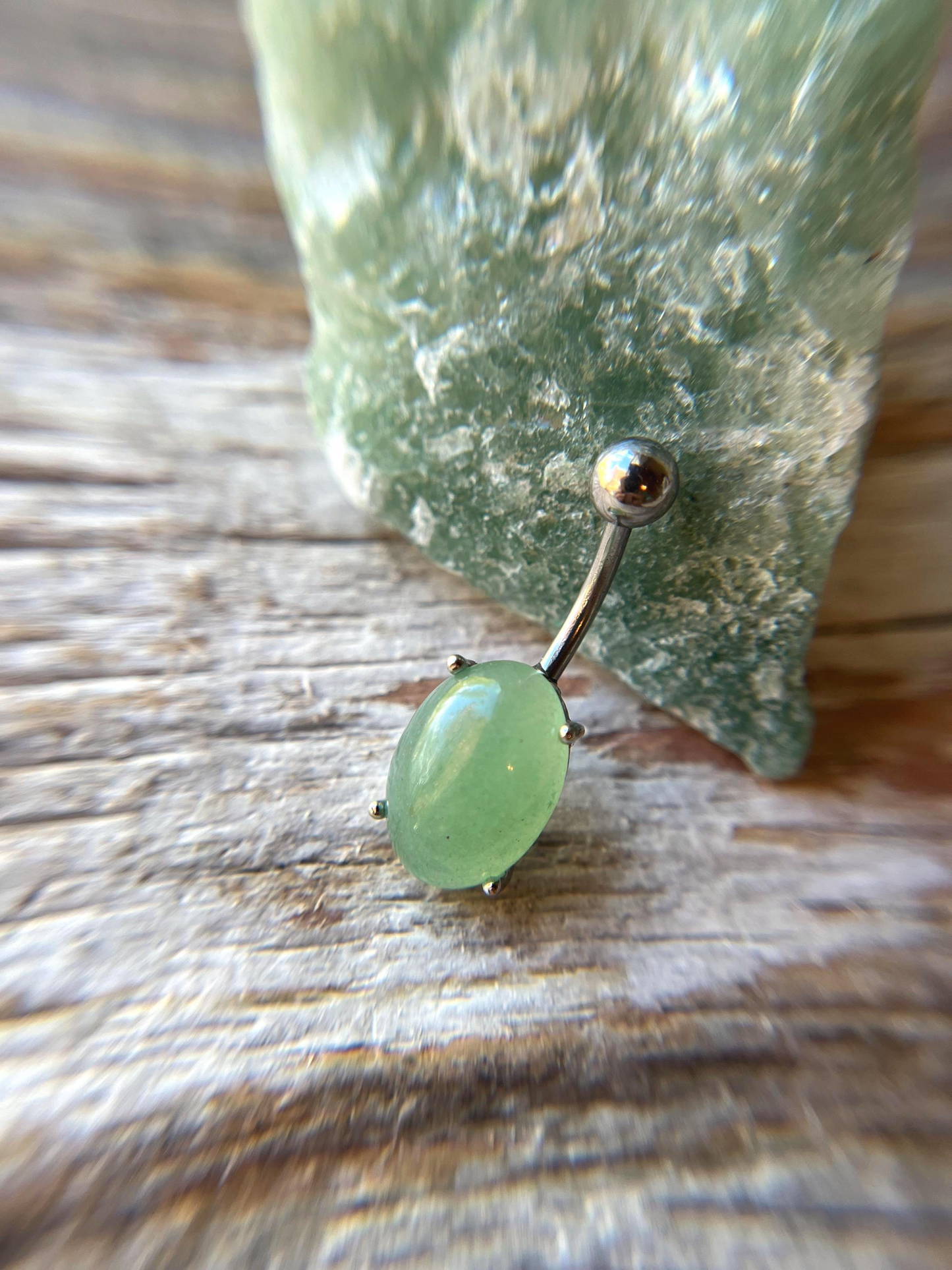 Green Aventurine Natural Stone Pronged Oval Belly Ring 316L Surgical Steel