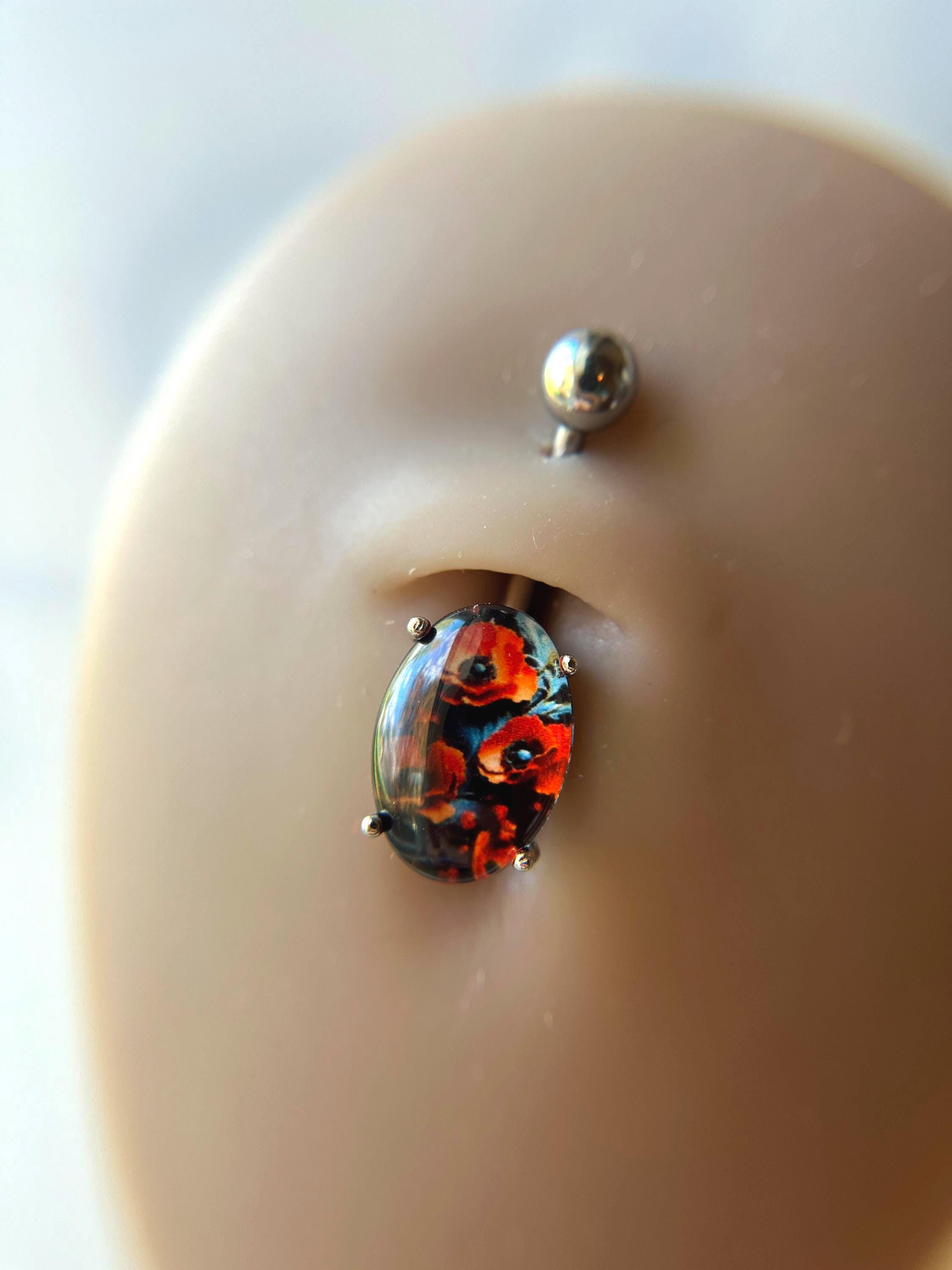 Floral Glass Cabochon Pronged Oval Belly Ring 316L Surgical Steel {Poppies}