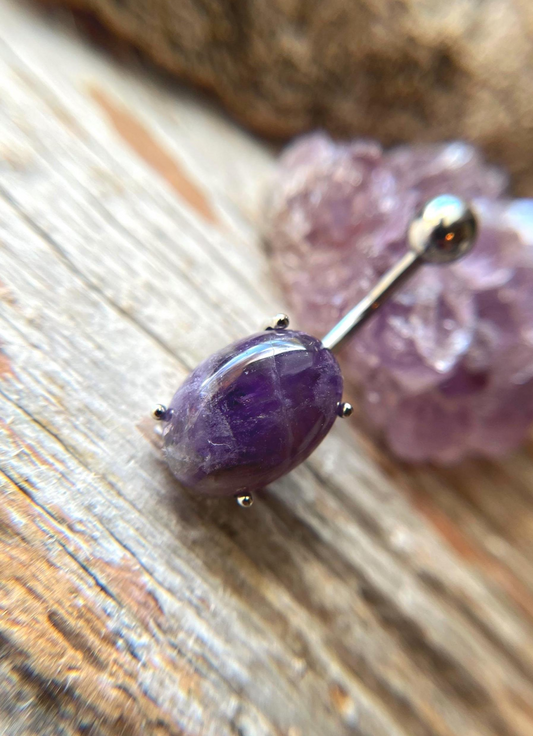 Amethyst Natural Stone Pronged Oval Belly Ring 316L Surgical Steel