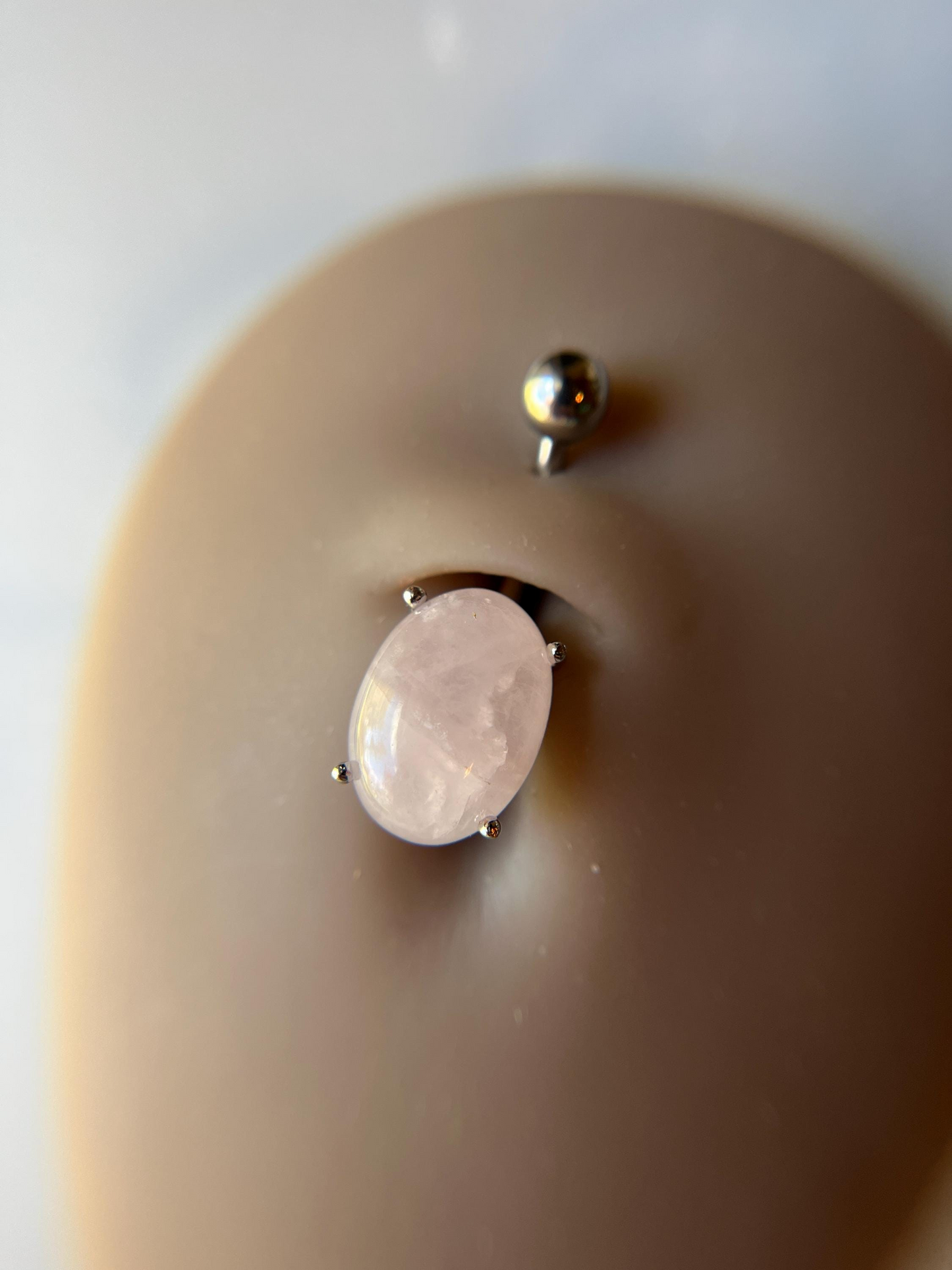 Rose Quartz Natural Stone Pronged Oval Belly Ring 316L Surgical Steel