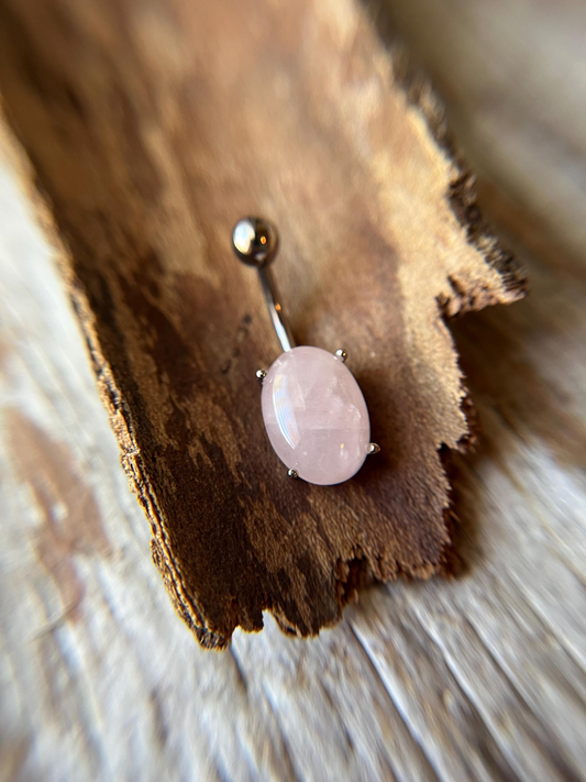 Rose Quartz Natural Stone Pronged Oval Belly Ring 316L Surgical Steel