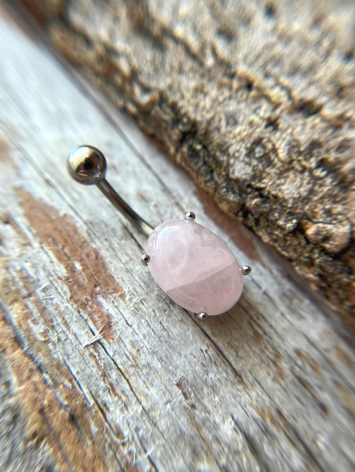 Rose Quartz Natural Stone Pronged Oval Belly Ring 316L Surgical Steel