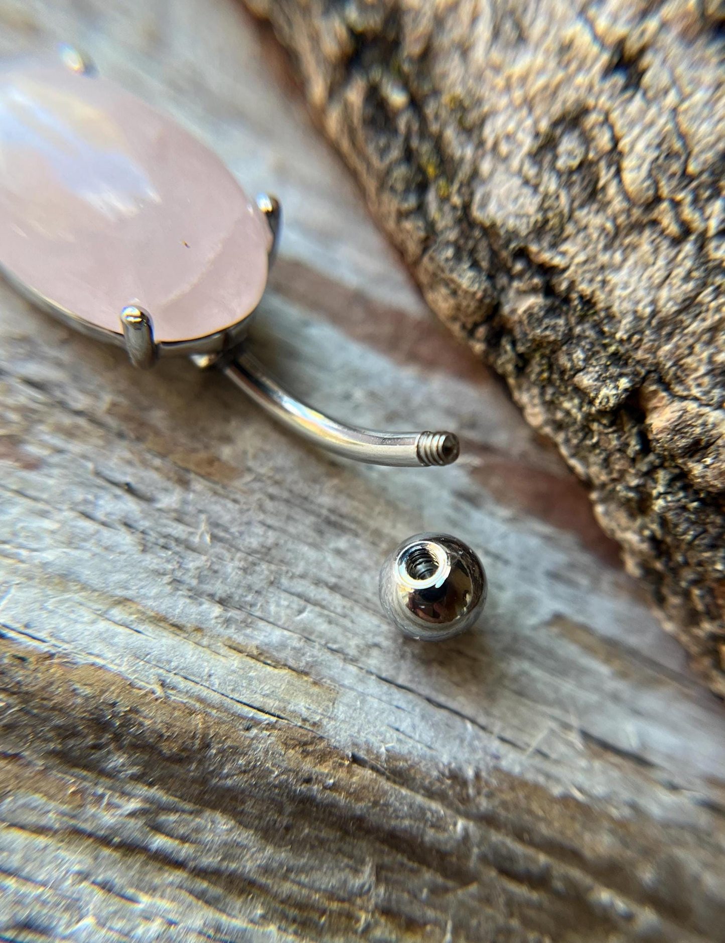 Rose Quartz Natural Stone Pronged Oval Belly Ring 316L Surgical Steel