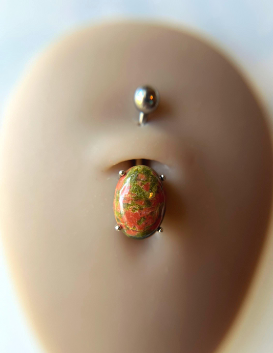 Unakite Natural Stone Pronged Oval Belly Ring 316L Surgical Steel