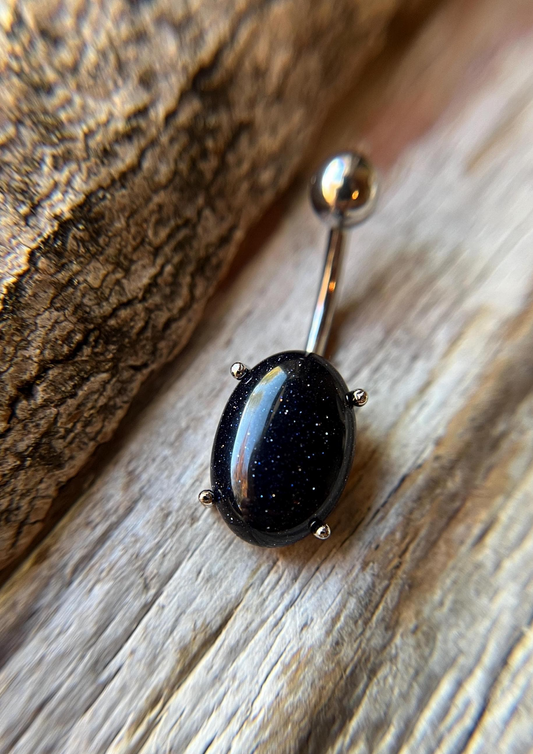 Galaxy Stone Blue Goldstone Pronged Oval Belly Ring 316L Surgical Steel