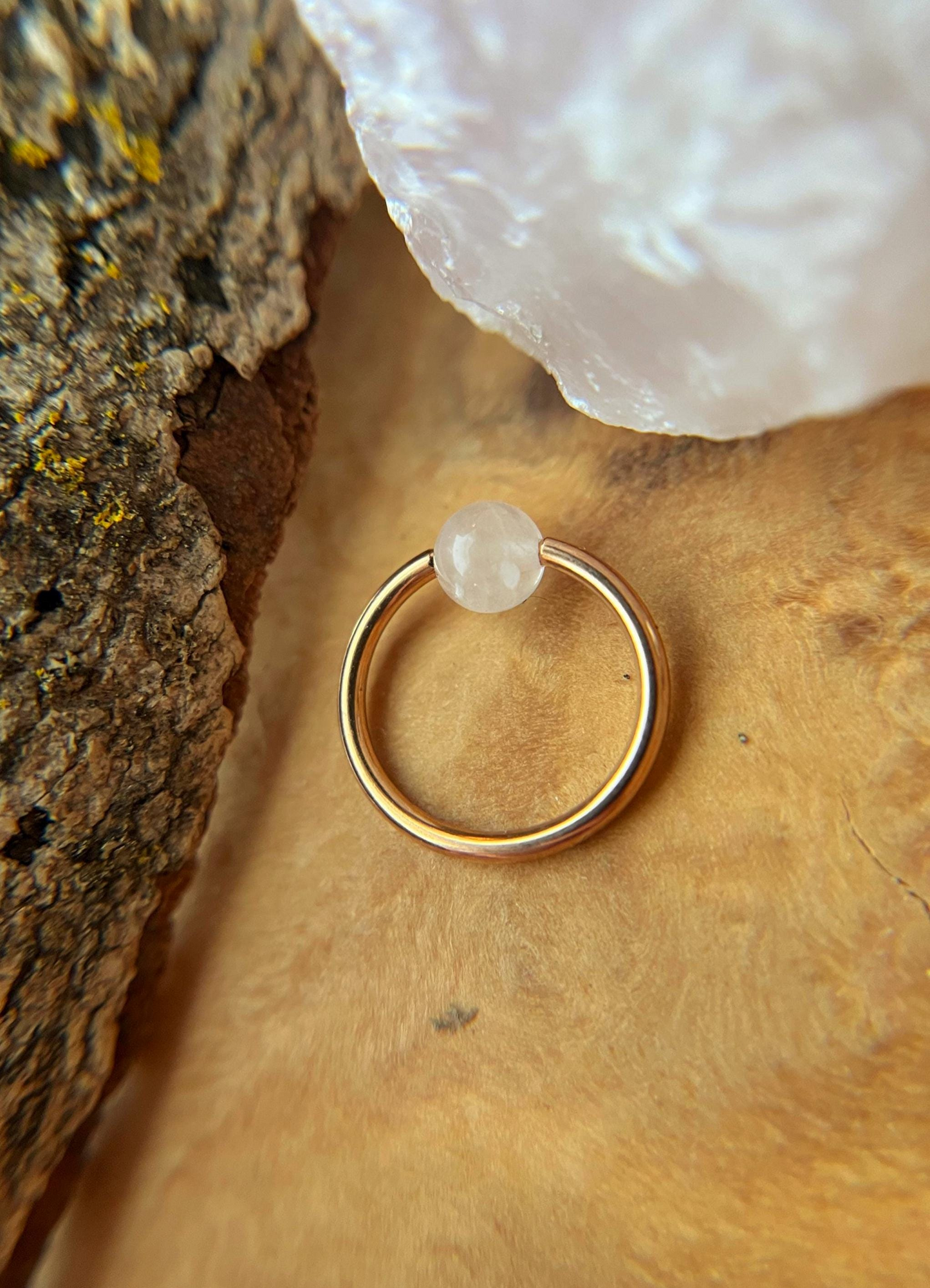 Rose Quartz Natural Stone Rose Gold Titanium Ion Plated CBR Ring