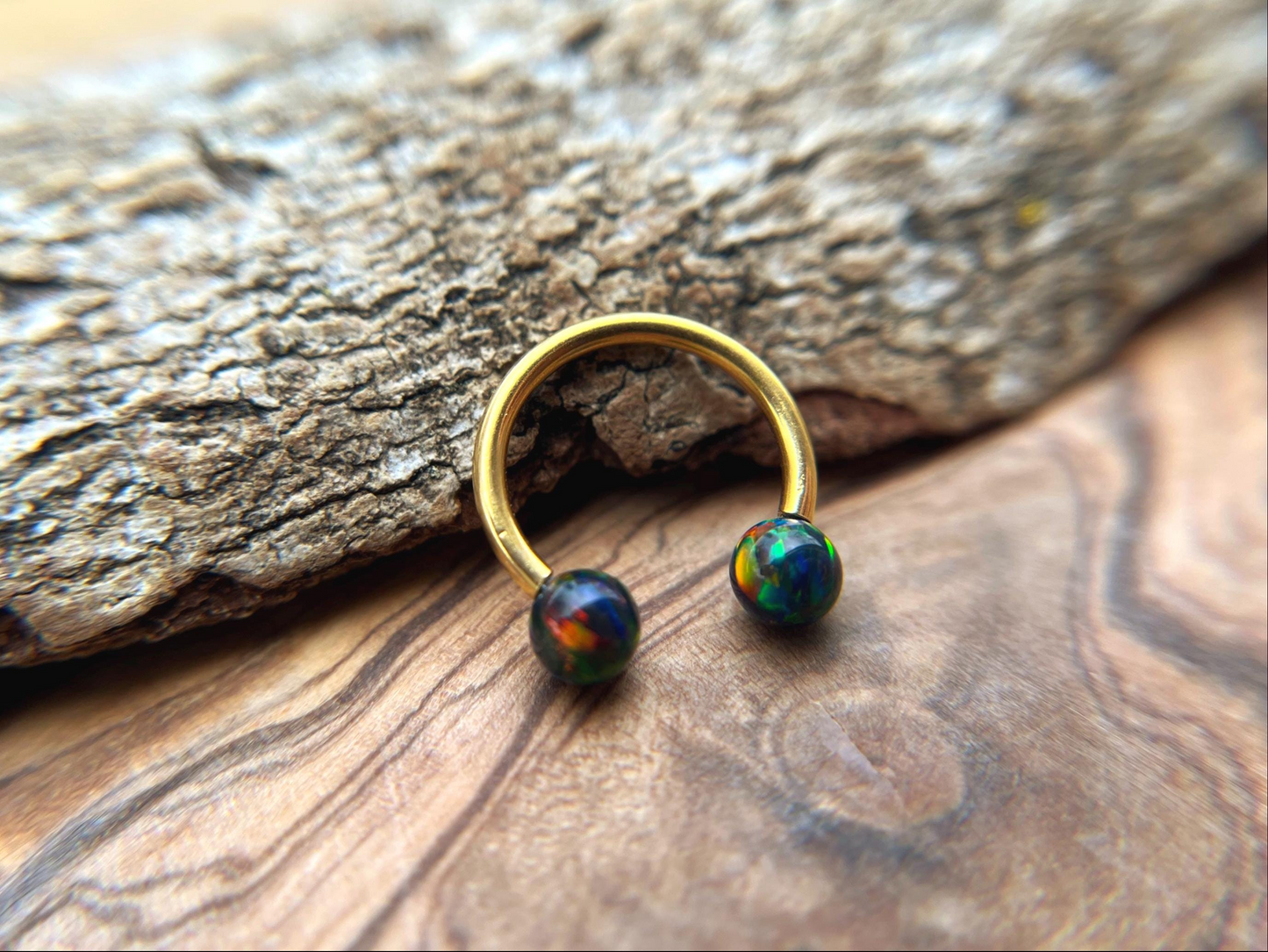 Fire Opal Internally Threaded Gold Titanium Ion Plated Horseshoe Ring