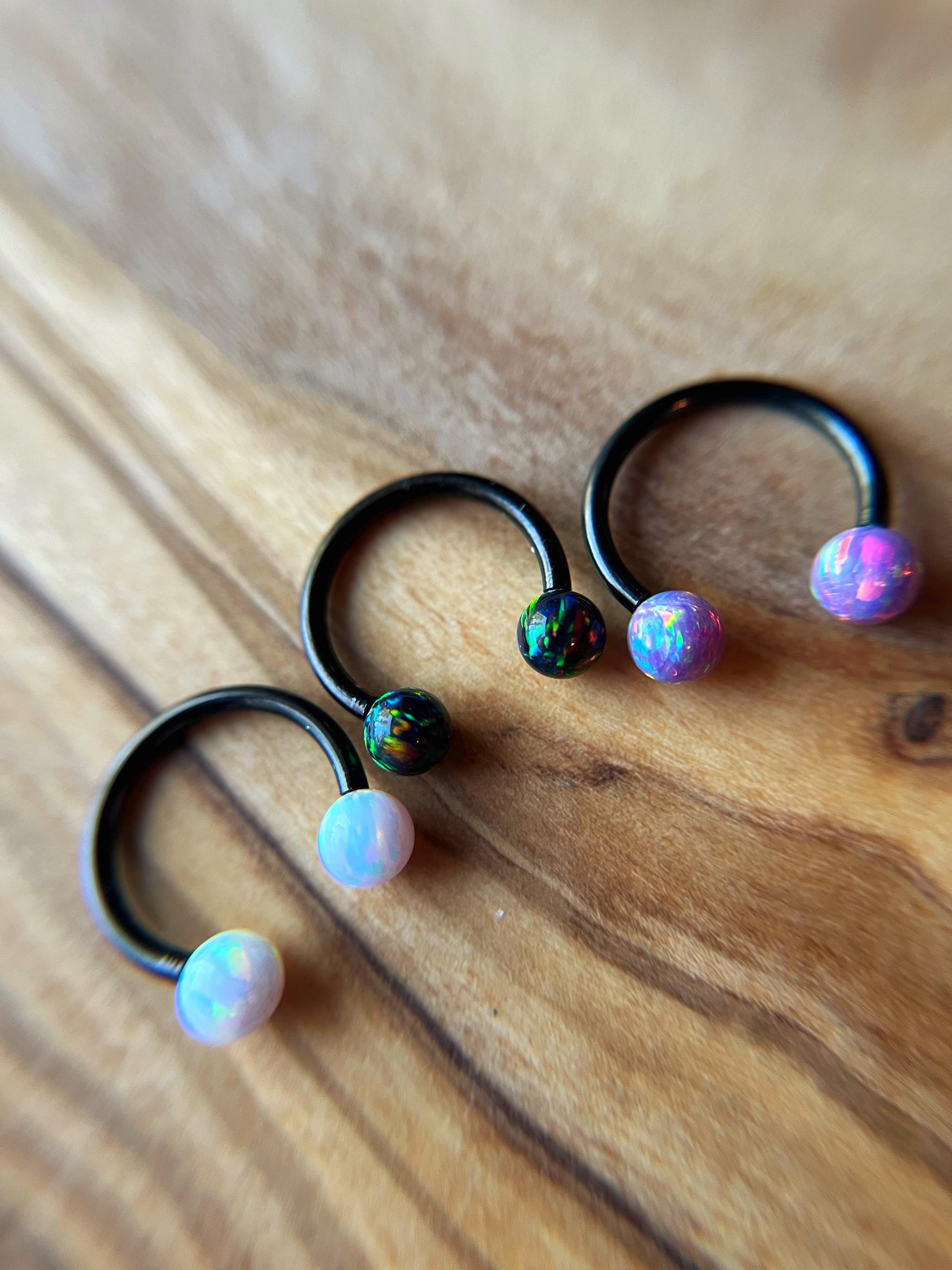 Fire Opal Internally Threaded Black Titanium Ion Plated Horseshoe Ring