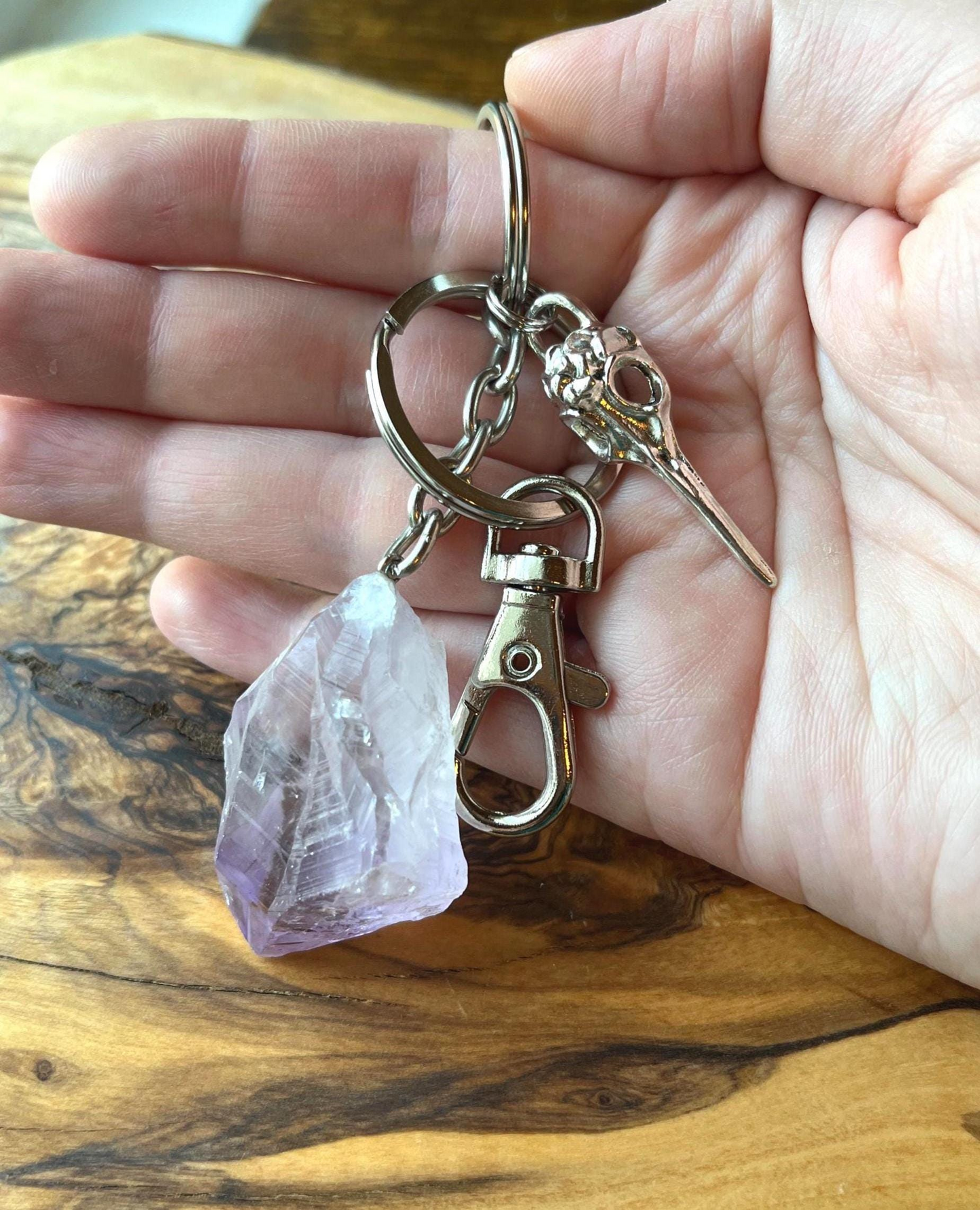Raw Crystal Natural Amethyst Stone Specimen Stainless Steel Keychain {Raven Skull}