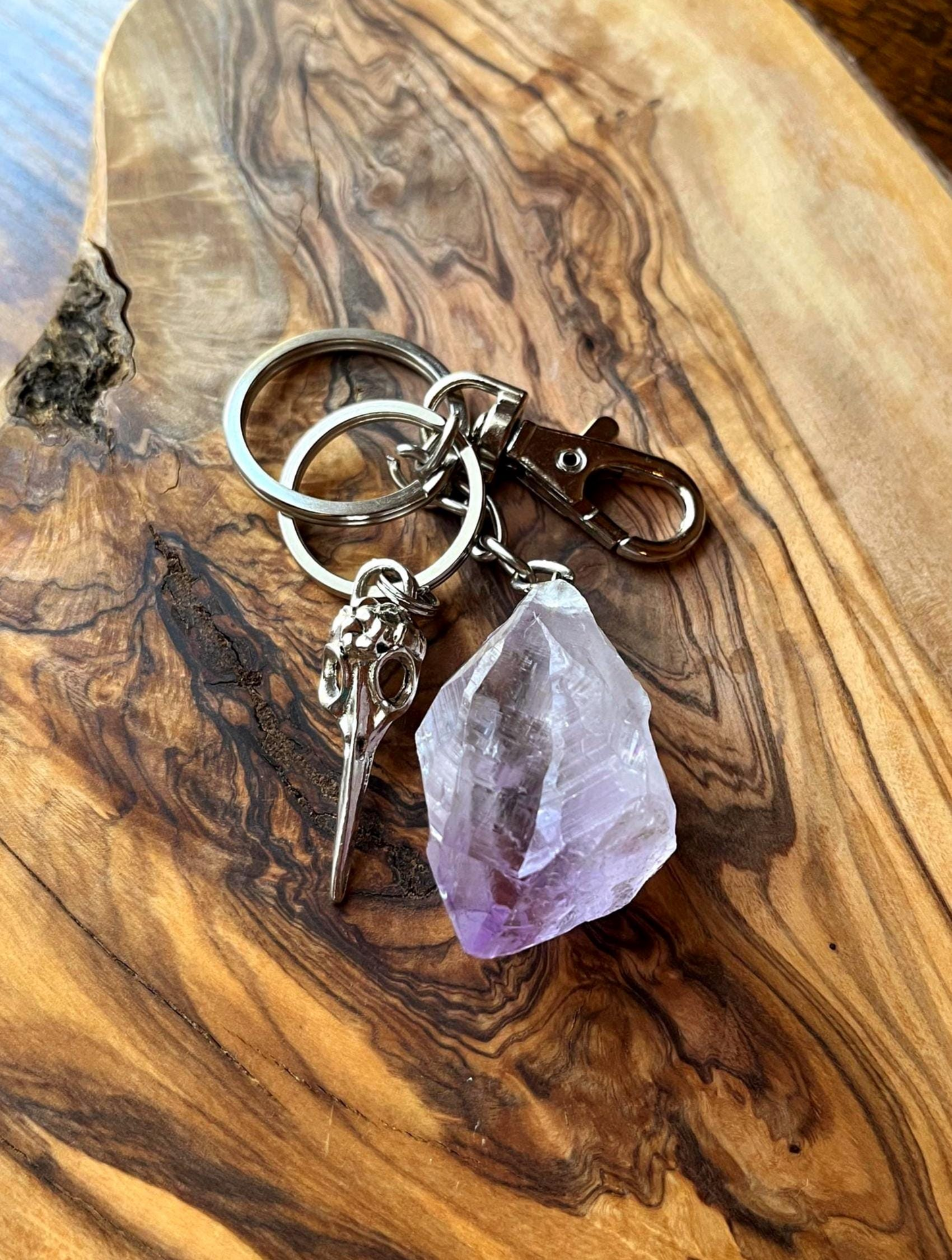 Raw Crystal Natural Amethyst Stone Specimen Stainless Steel Keychain {Raven Skull}
